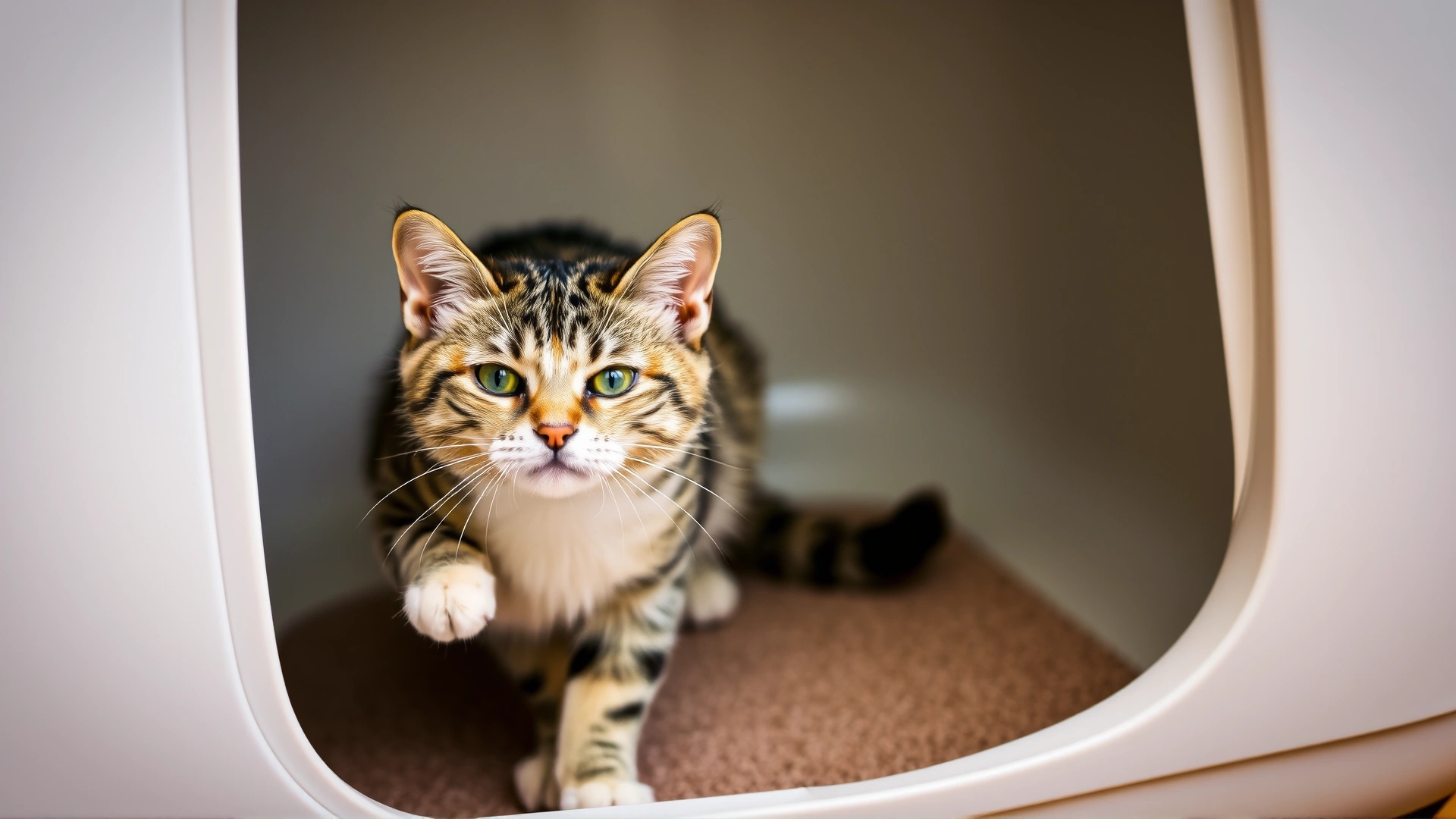 Domestic short-haired cat stepping into a clean litter box, looking relieved and comfortable