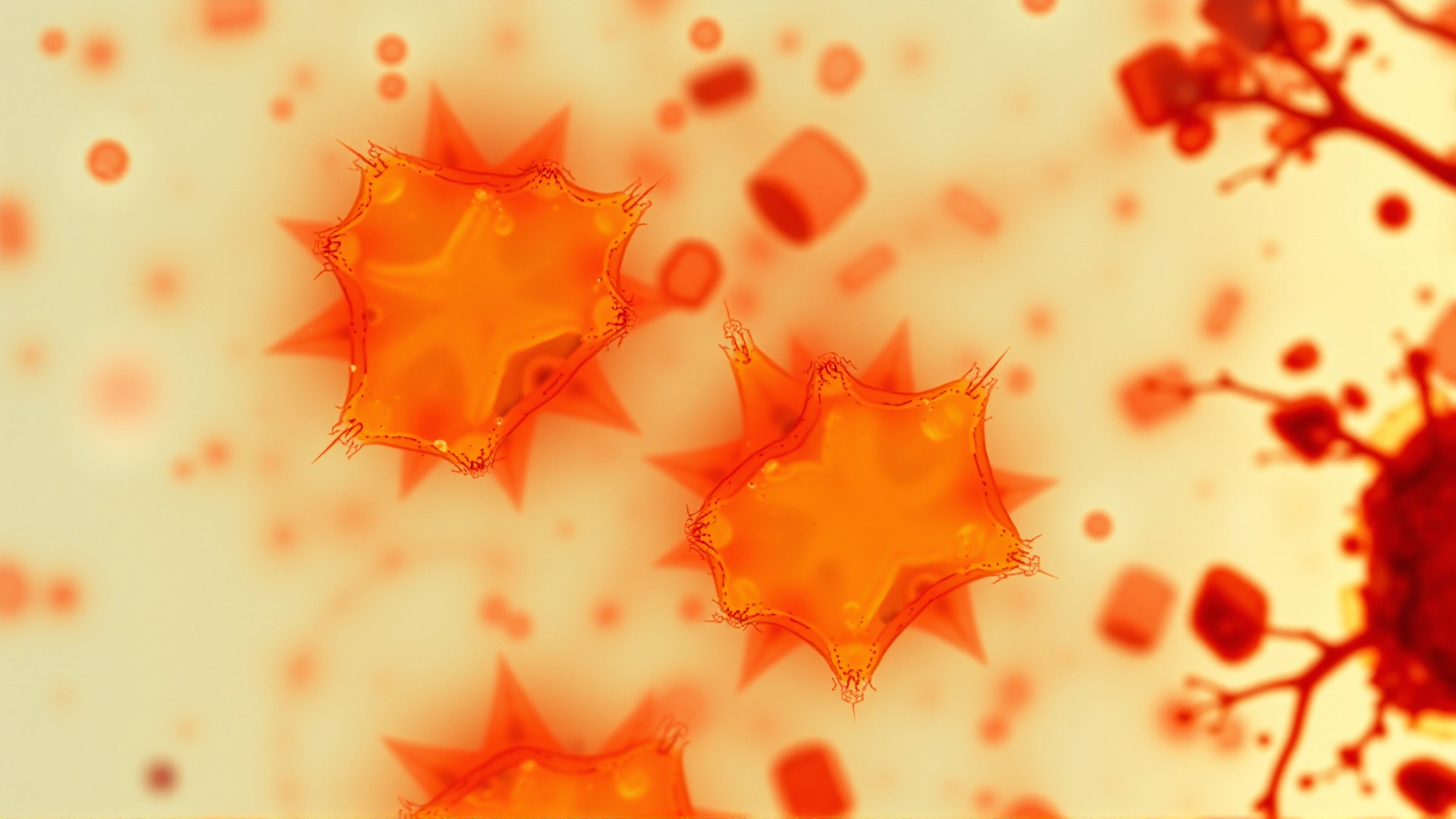 Microscopic view of feline urinary casts on a glass slide with vibrant stained colors, highly detailed macro shot, no labels or text