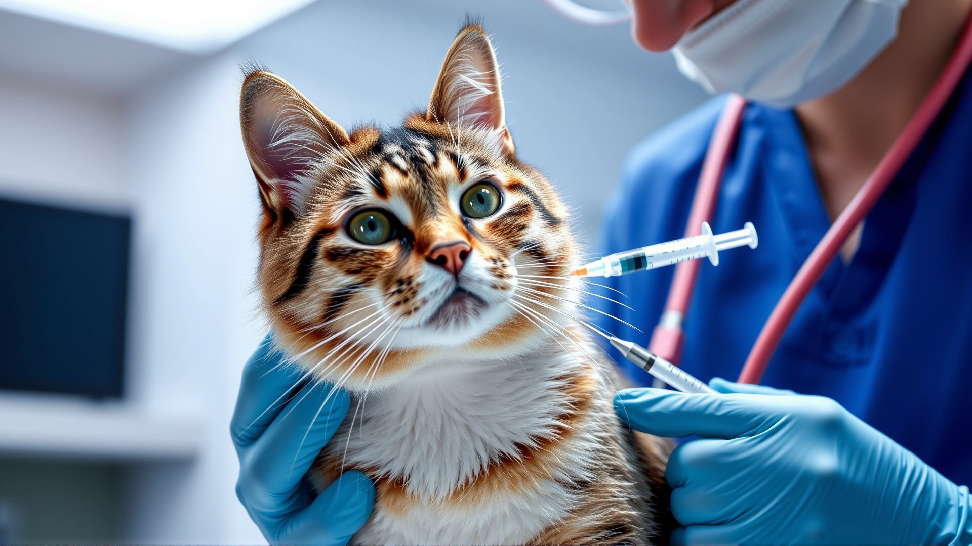 Close-up of a veterinarian administering a subcutaneous vaccine to a calm adult cat in a well-lit clinic; syringe and stethoscope visible; high-resolution photo, no text