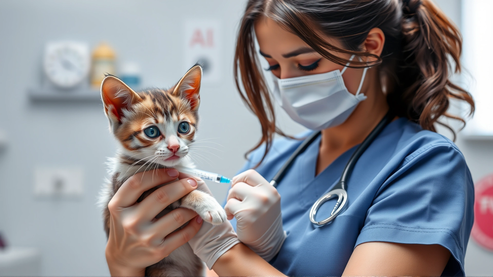 Veterinarian in scrubs giving a young kitten a vaccine injection in a clean clinic setting to highlight prevention.