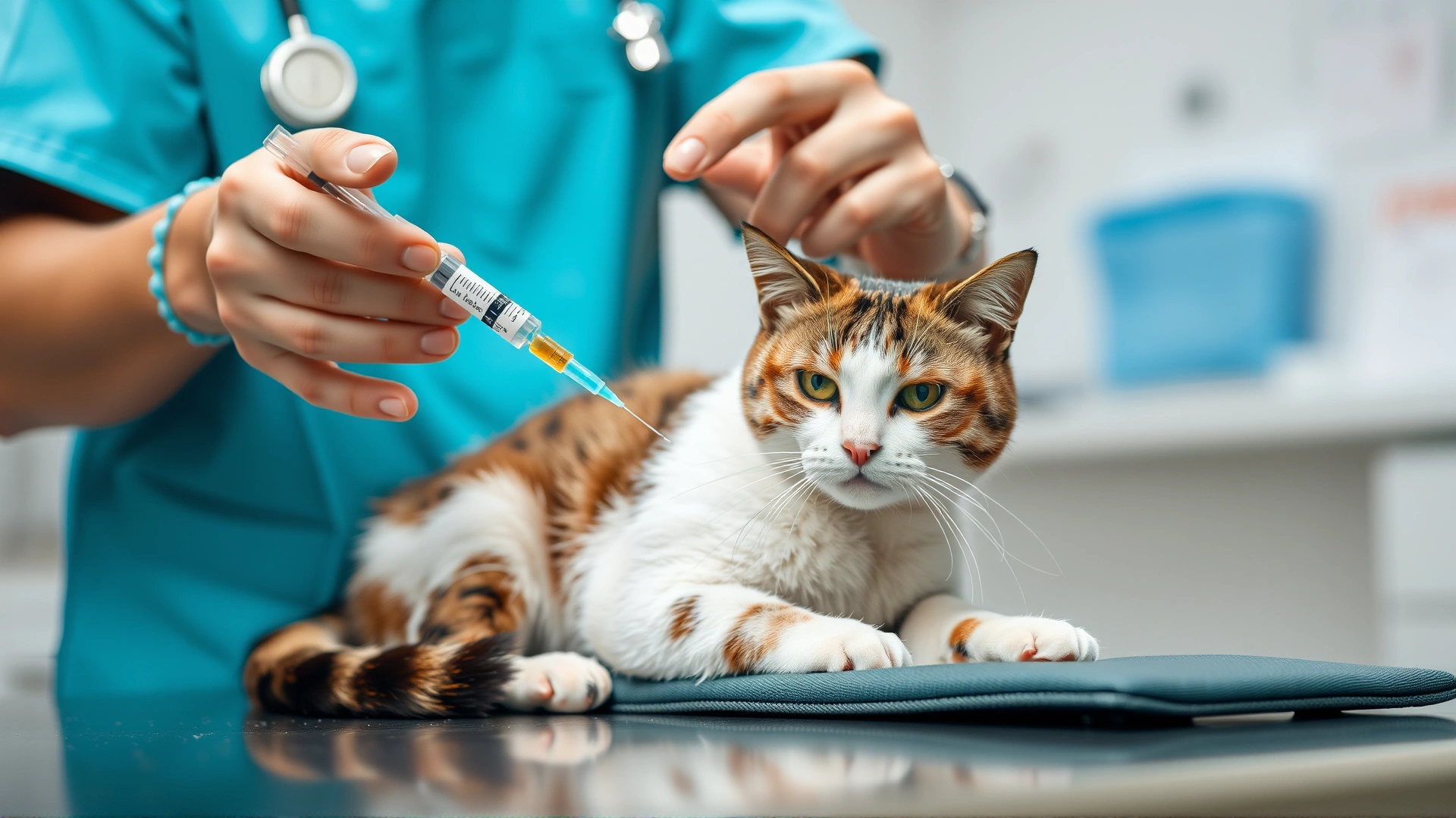Veterinarian administering a vaccination injection to a calm cat on an exam table, clinic background slightly blurred