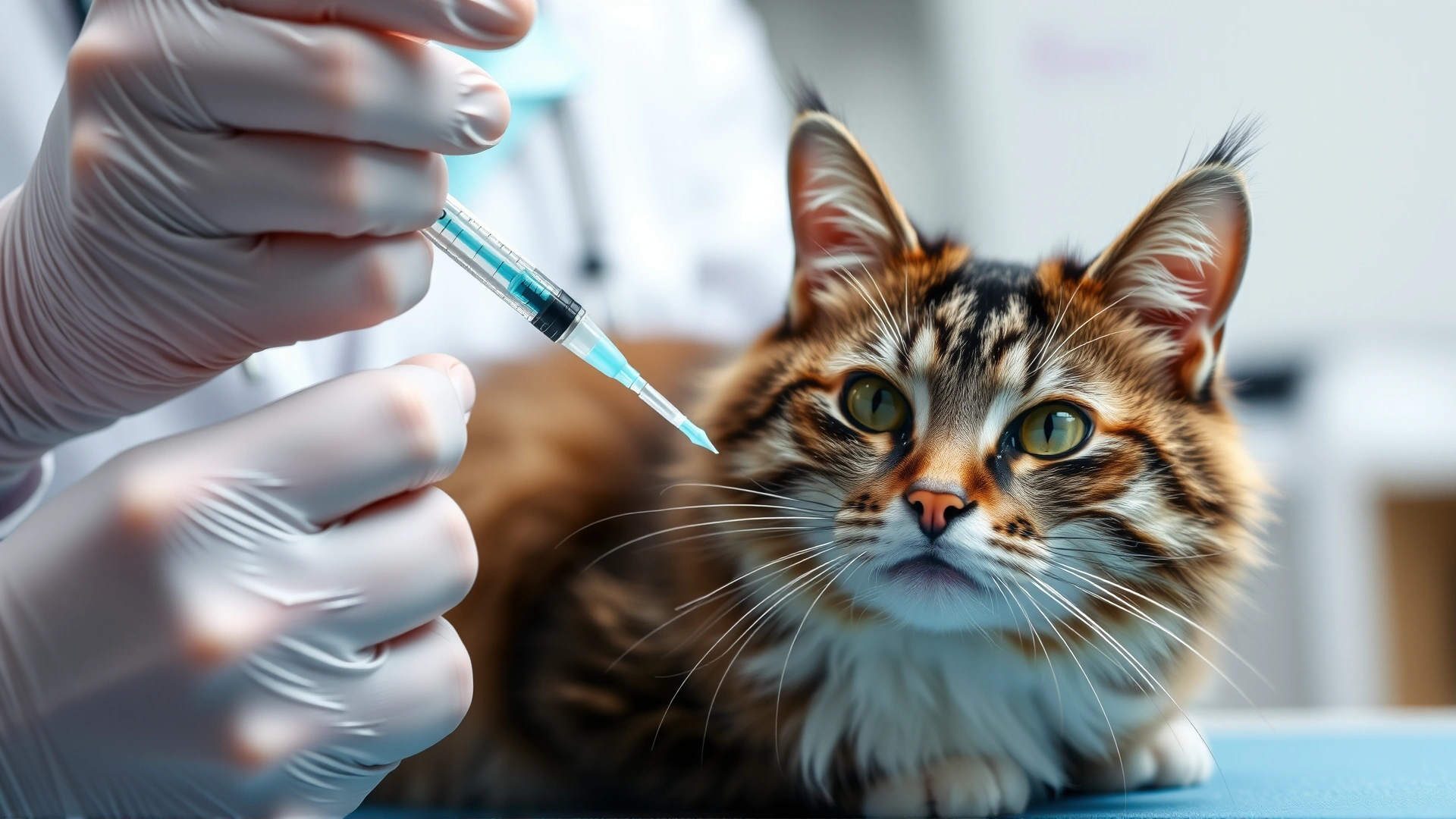 Vet administering a vaccination to a calm domestic cat, focus on the syringe and injection site, clinical background.
