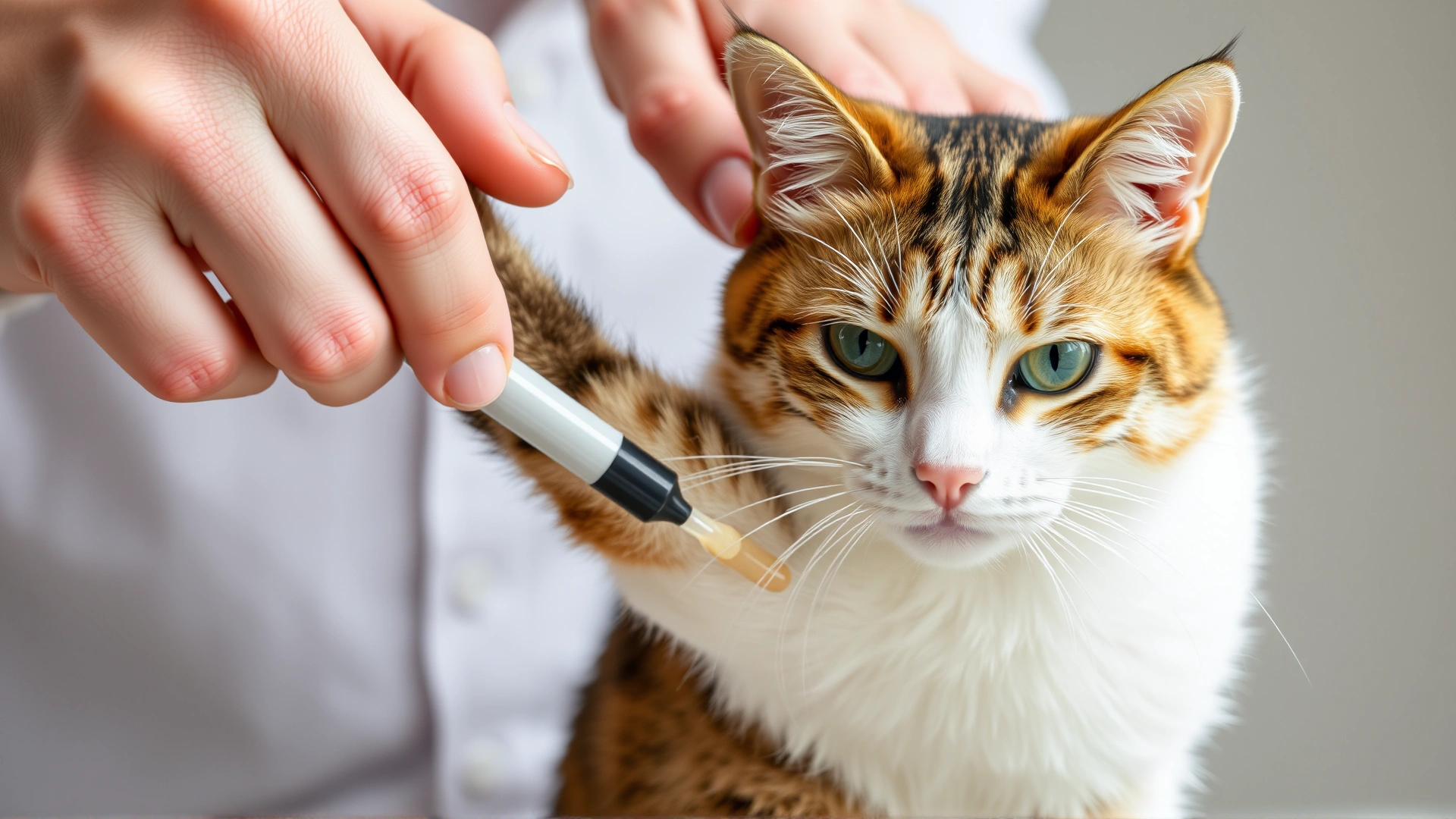 Cat owner gently lifting the tail of a female cat to inspect light purulent vaginal discharge, neutral background