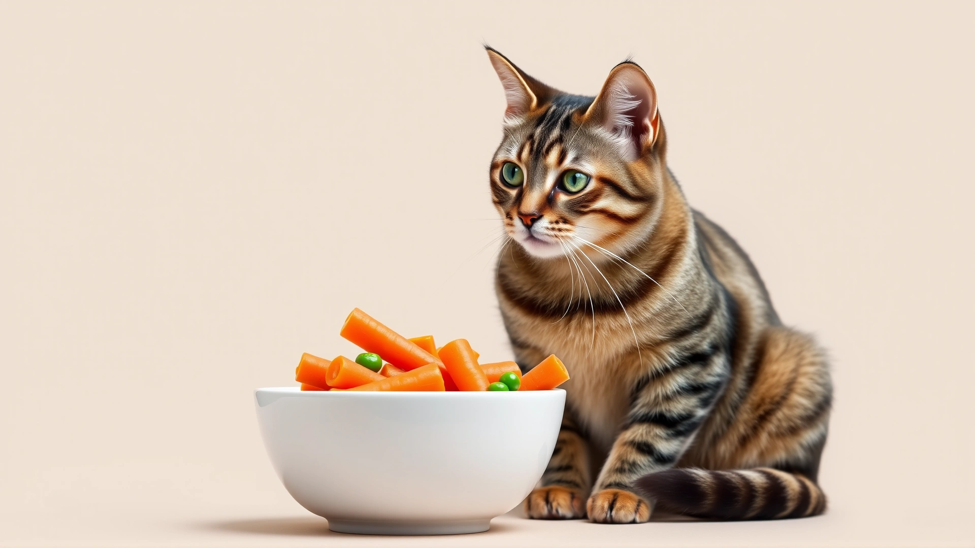 Striped tabby cat sitting beside a bowl filled with steamed carrots and peas, neutral background.