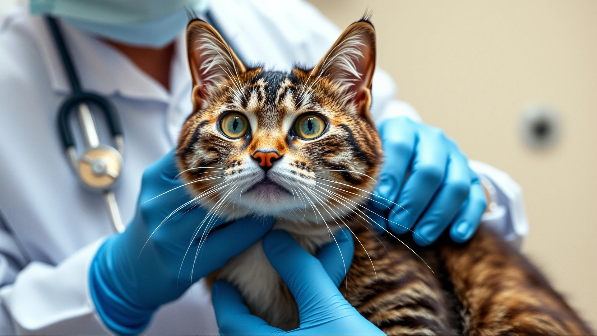 Concerned cat being gently examined by a veterinarian in a clinic