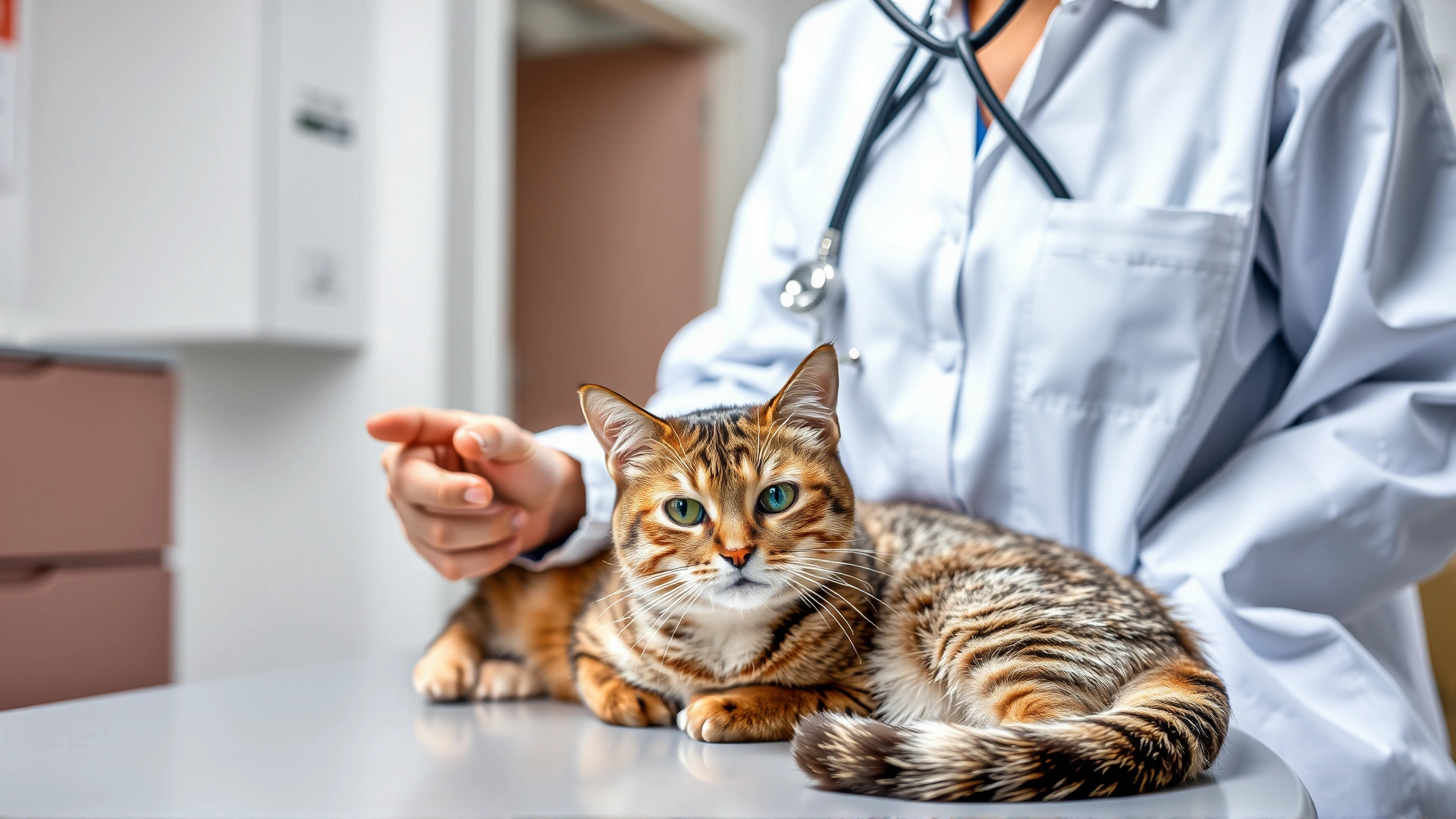 Veterinarian gently examining a calm cat on a clinic table while holding a stethoscope, bright clinical lighting, no text.