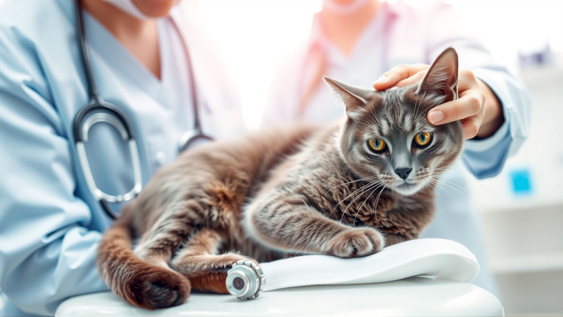A veterinarian gently examining a grey cat on an examination table in a bright clinic, stethoscope visible.