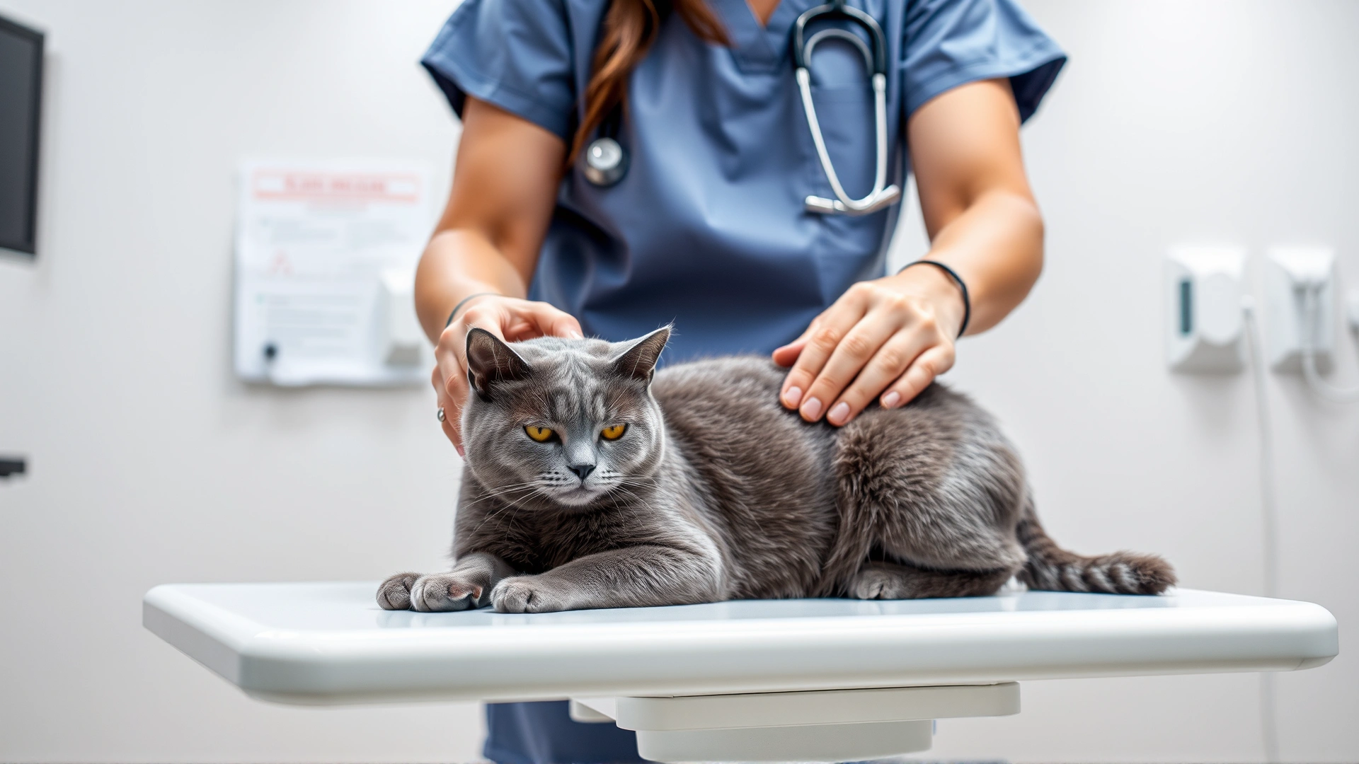 A veterinarian in scrubs gently examining a grey cat on an exam table in a modern clinic, both looking calm.
