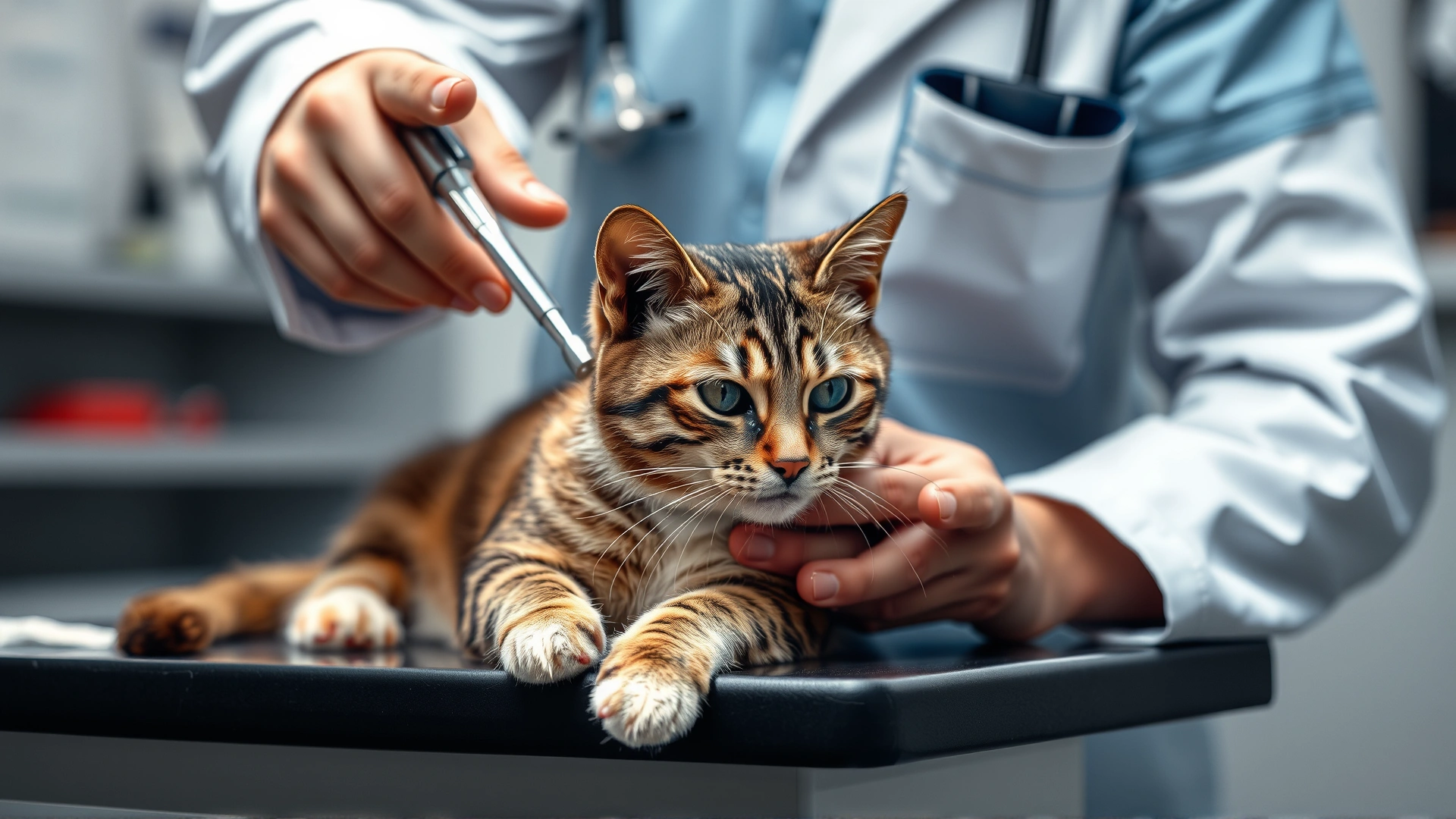 Veterinarian gently examining a calm cat on an exam table, highlighting health checks.