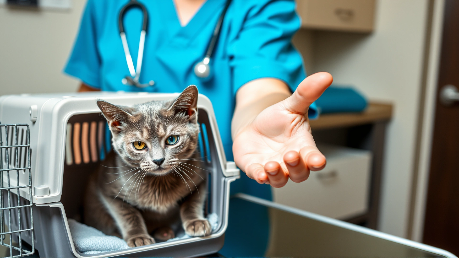 Nervous grey cat inside a carrier on a veterinary exam table while a gentle veterinarian in blue scrubs extends a reassuring hand.