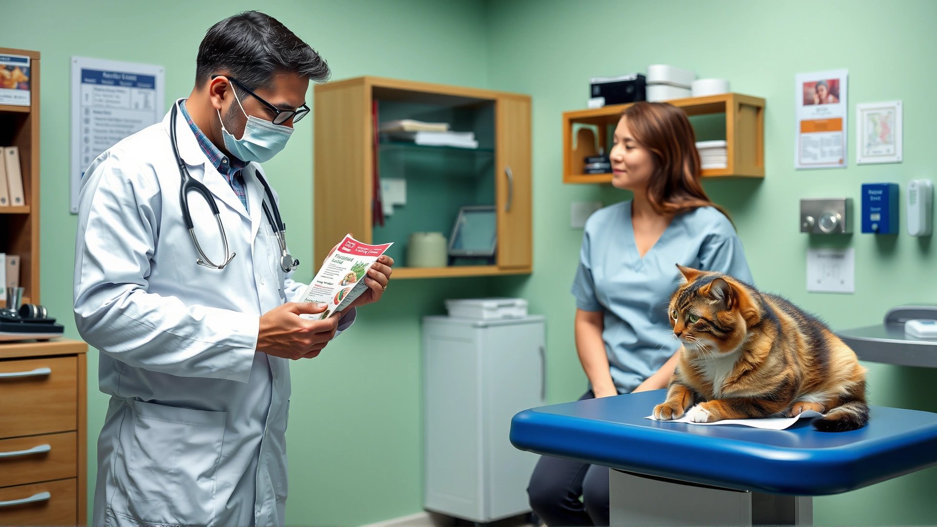Veterinarian in clinic showing a cat food label to a pet owner with a cat on the exam table