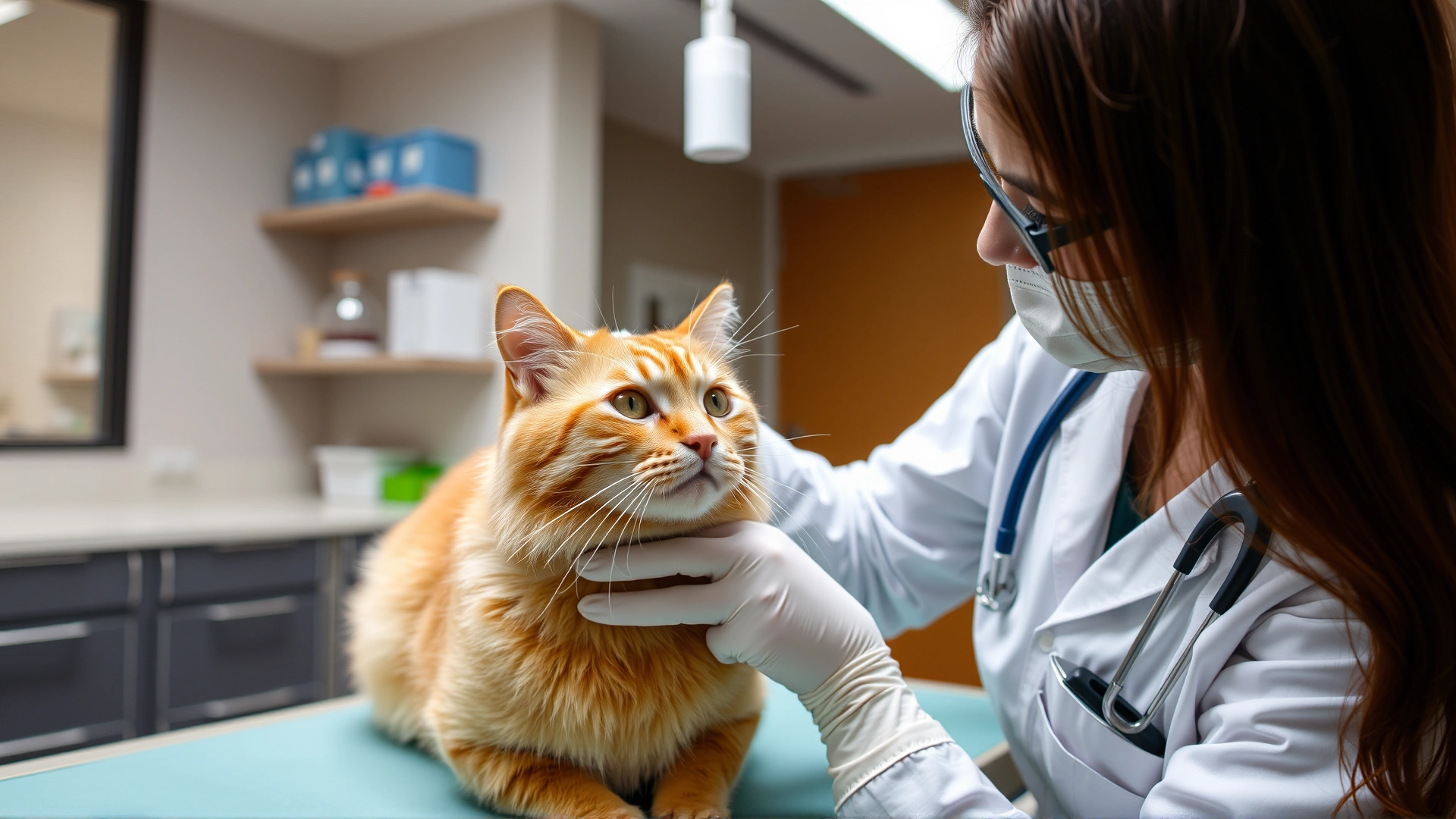 Veterinarian performing a skin-tent hydration test on a calm orange tabby cat in a modern clinic.