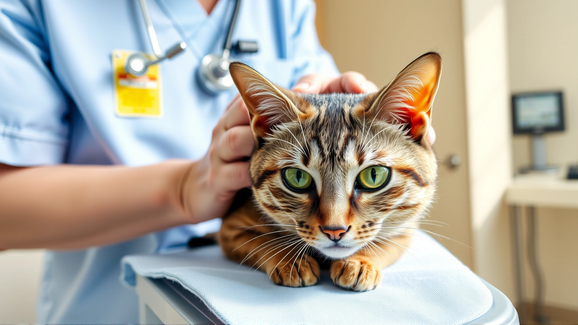 Wide shot of a veterinarian gently examining a domestic short-haired cat on an exam table, bright clinic environment, natural lighting