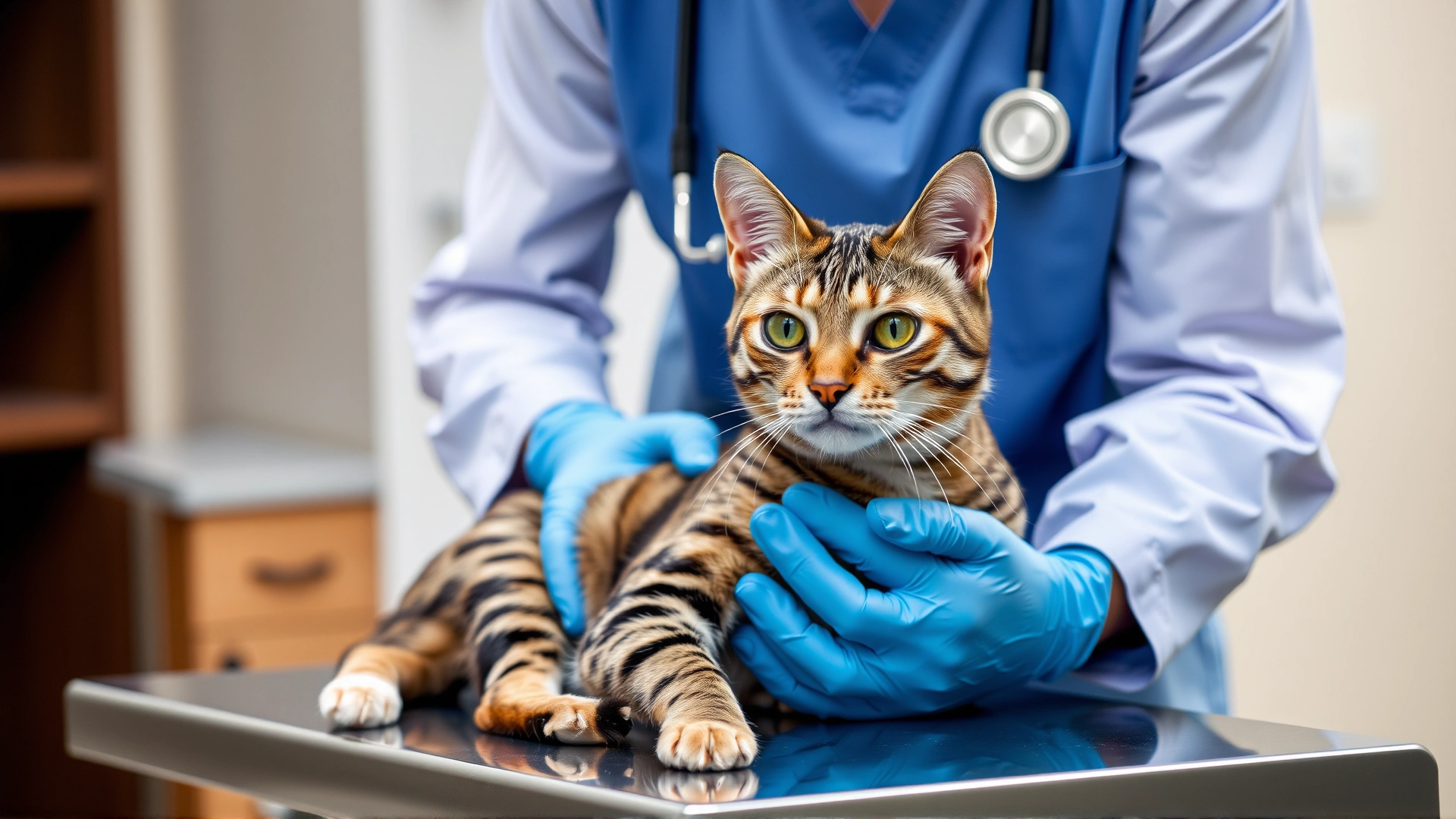 Veterinarian gently examining an adult tabby cat on an exam table, stethoscope visible, clinic background
