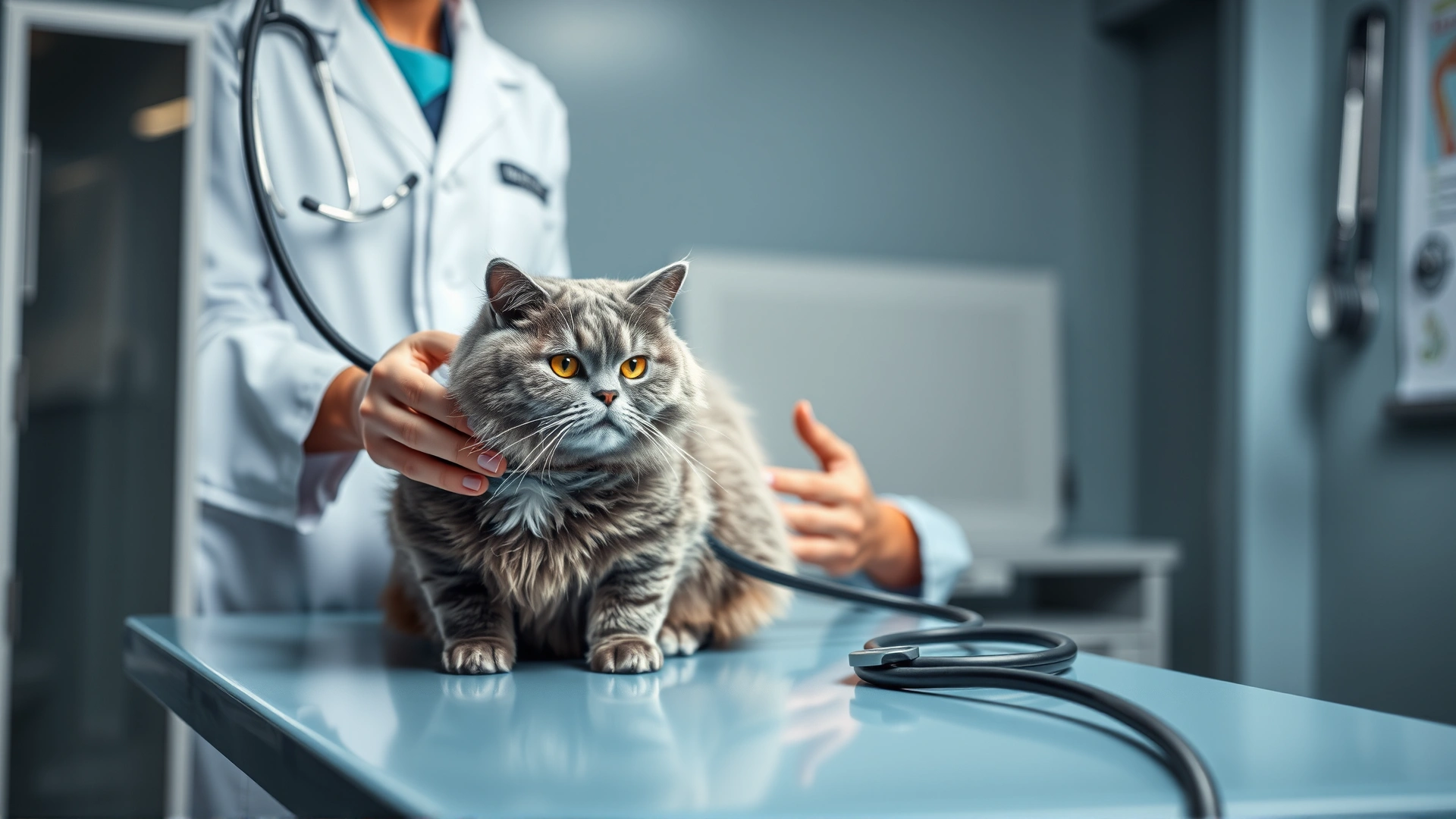 A modern veterinary clinic scene where a vet uses a stethoscope on an overweight grey cat placed on the exam table, illustrating health check-ups.