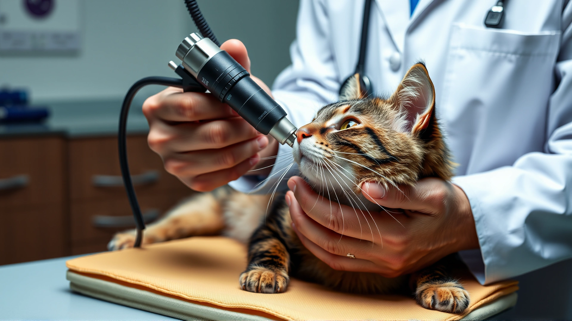 Veterinarian using an otoscope to examine a cat’s nose and throat on an exam table to illustrate diagnostic steps.
