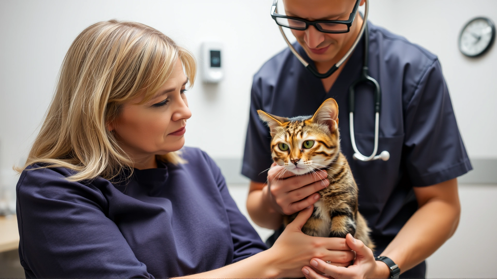 A concerned cat owner holding their tabby cat while a veterinarian listens to the cat's chest with a stethoscope in a well-lit exam room.
