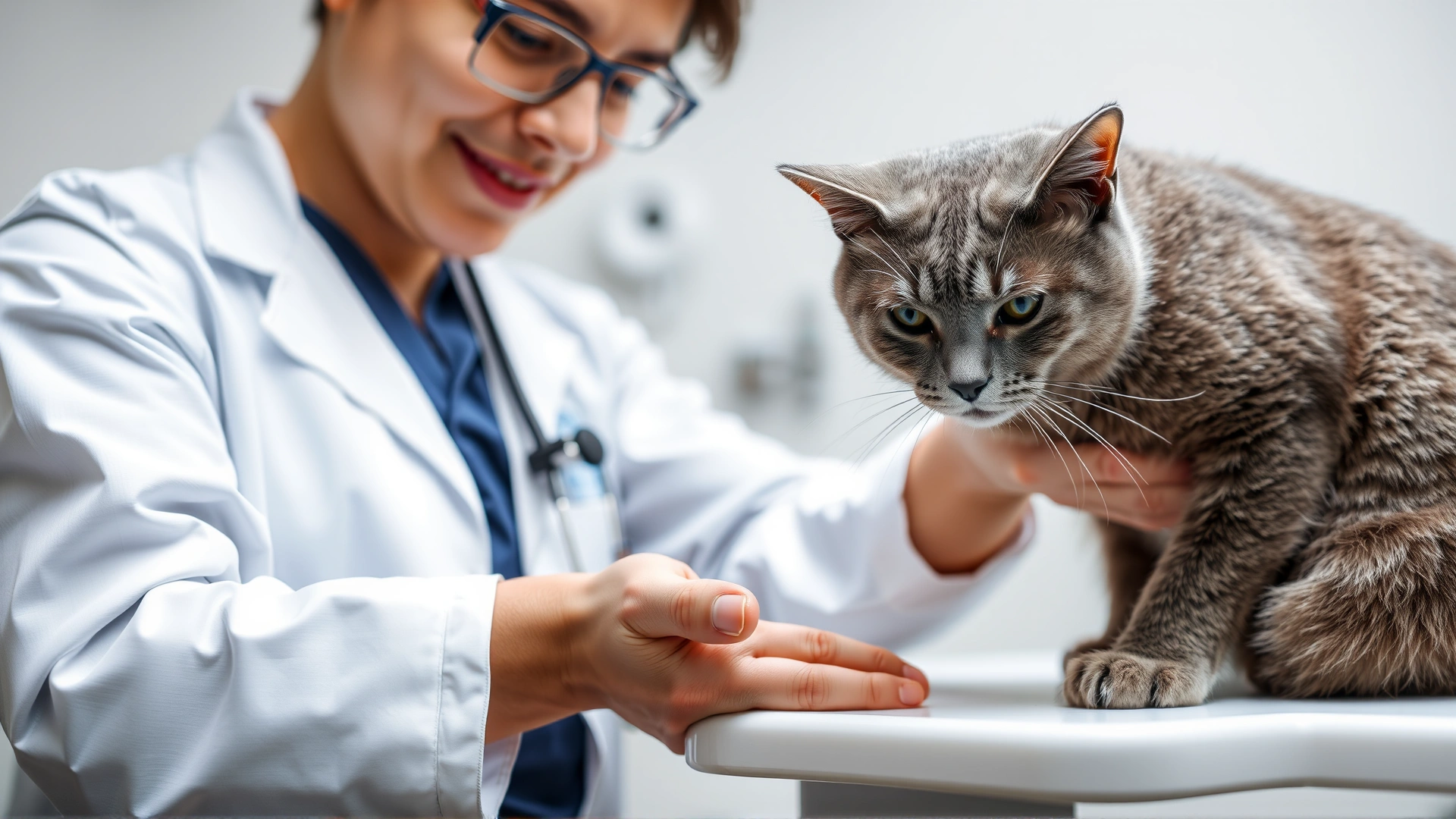 Friendly veterinarian gently examining a calm grey cat on a white examination table, clinic background slightly blurred