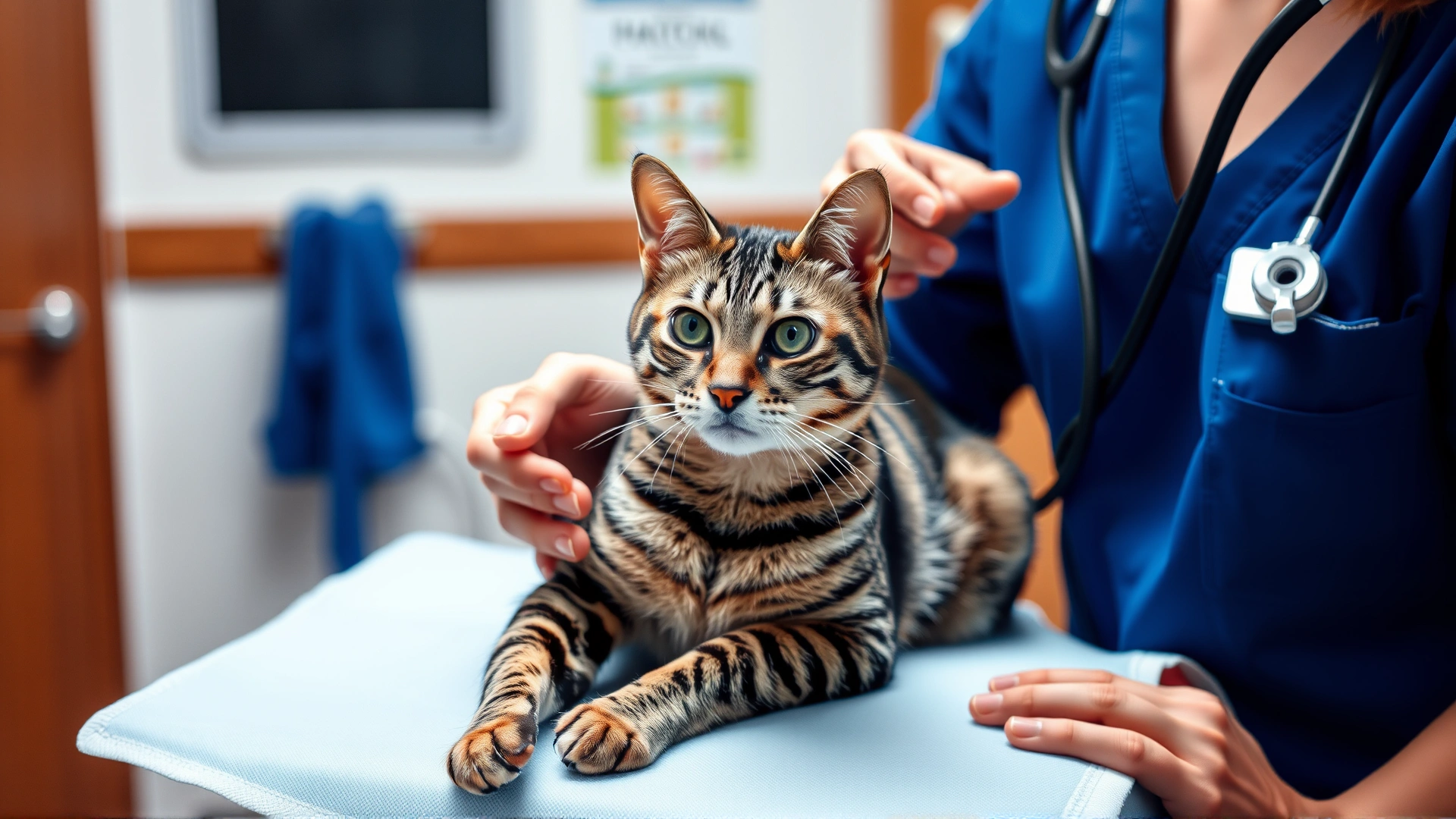 Medium shot of a veterinarian using a stethoscope to check a tabby cat on an examination table, clinic background, no text.