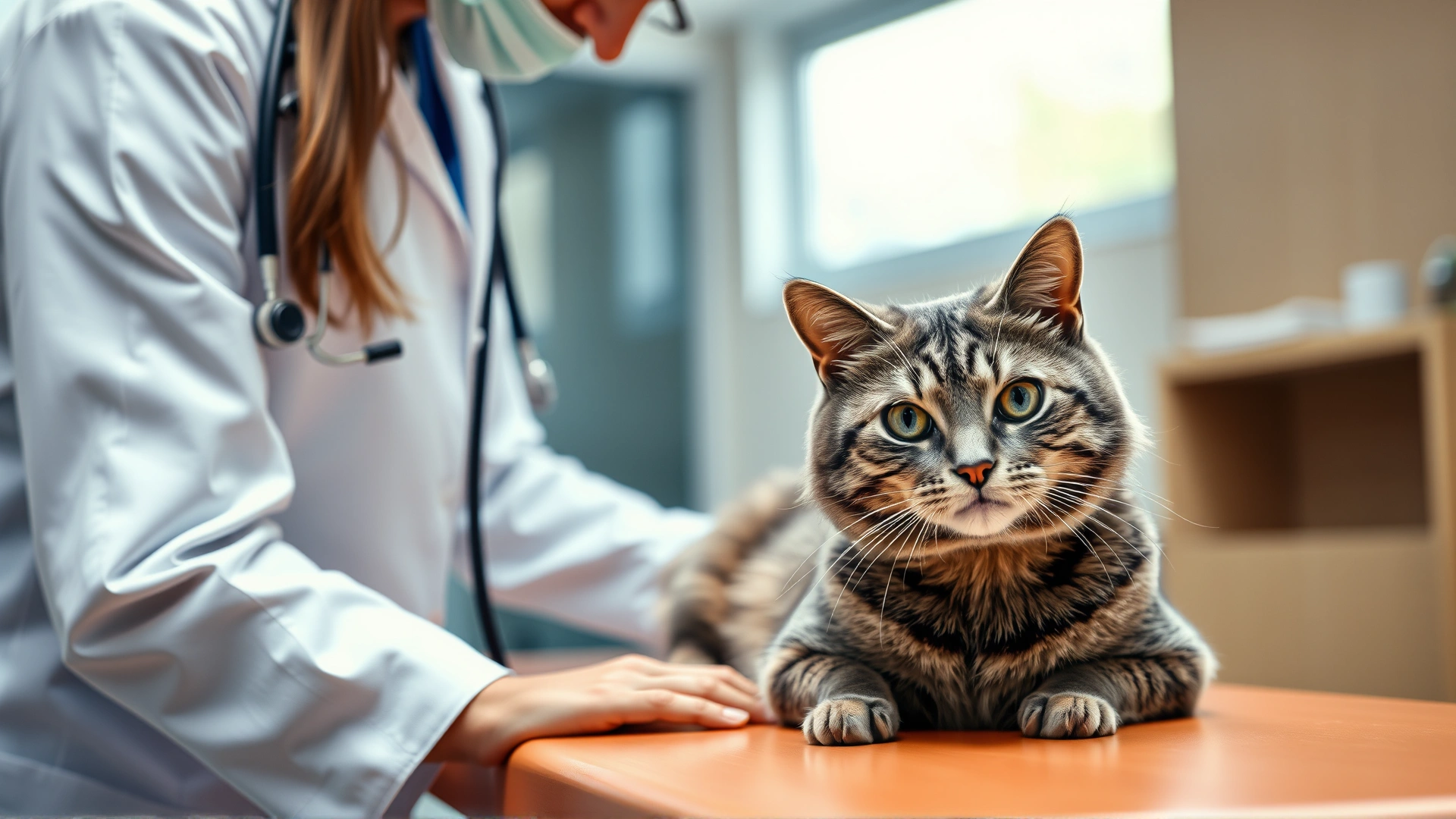 A veterinarian gently examining a gray tabby cat on an exam table, stethoscope around the vet’s neck, modern clinic room in the background, natural lighting.