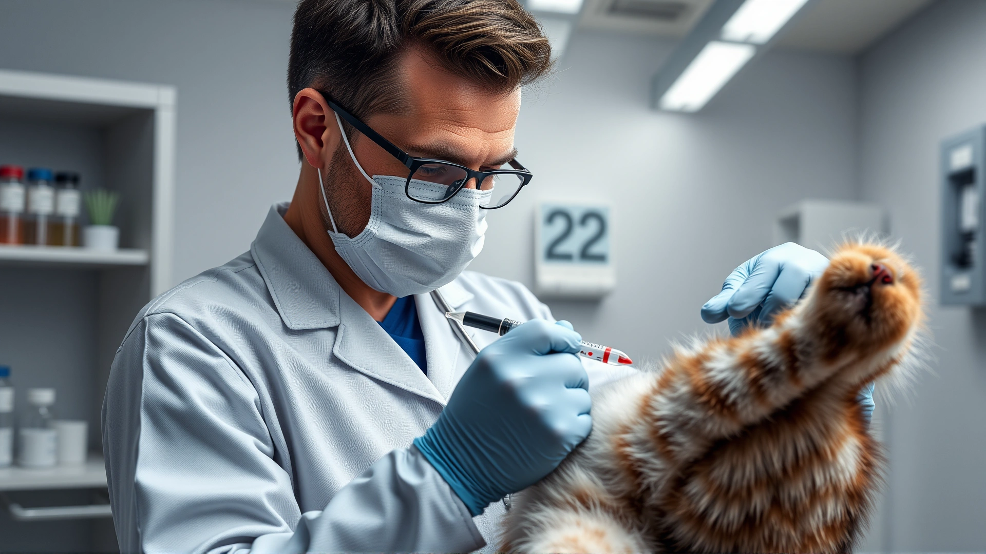 Veterinarian drawing blood from a cat’s front leg in a modern clinic, syringe and vials visible, no text