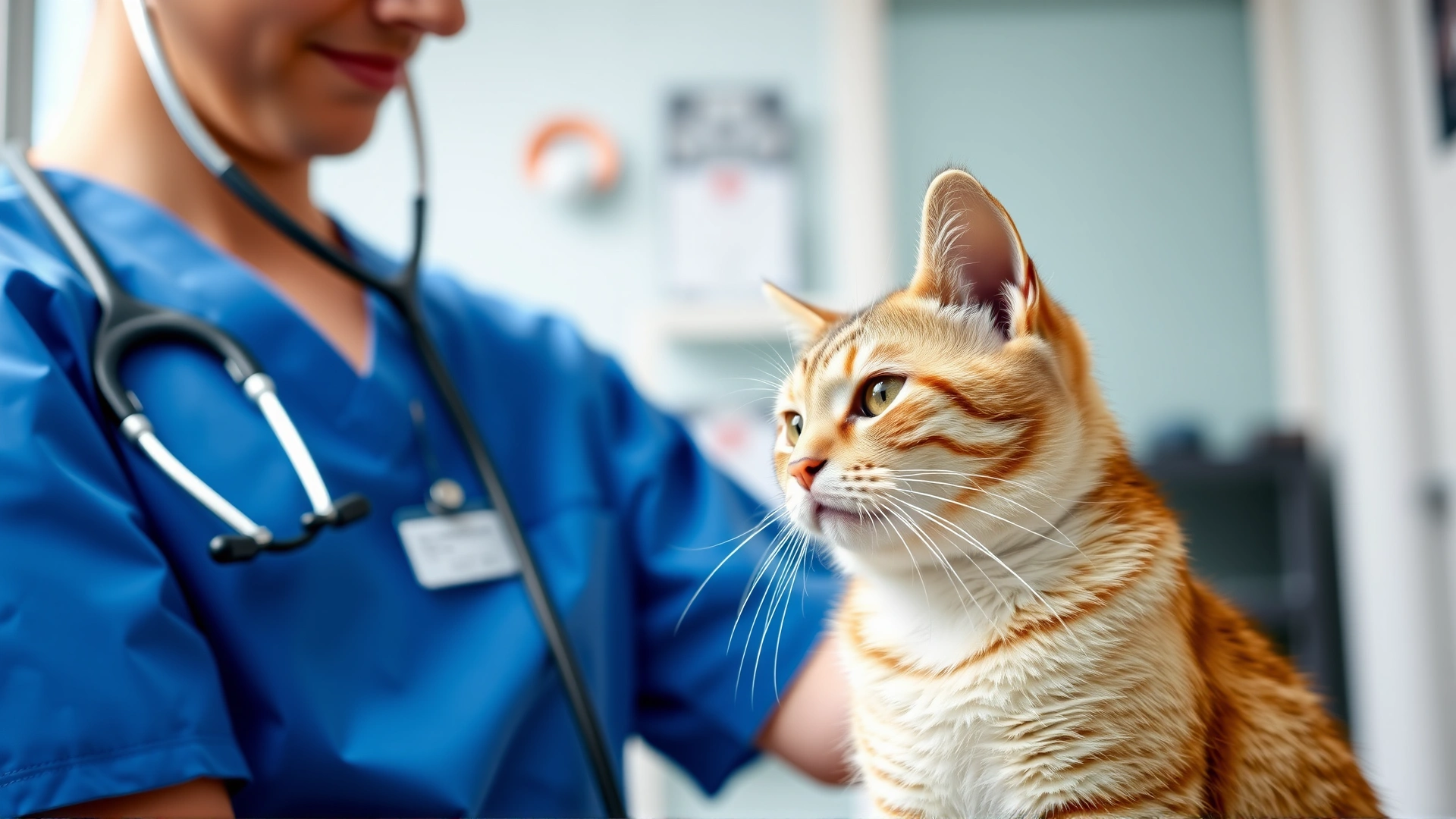 A veterinarian wearing blue scrubs gently examining a calm domestic cat with a stethoscope in a bright exam room