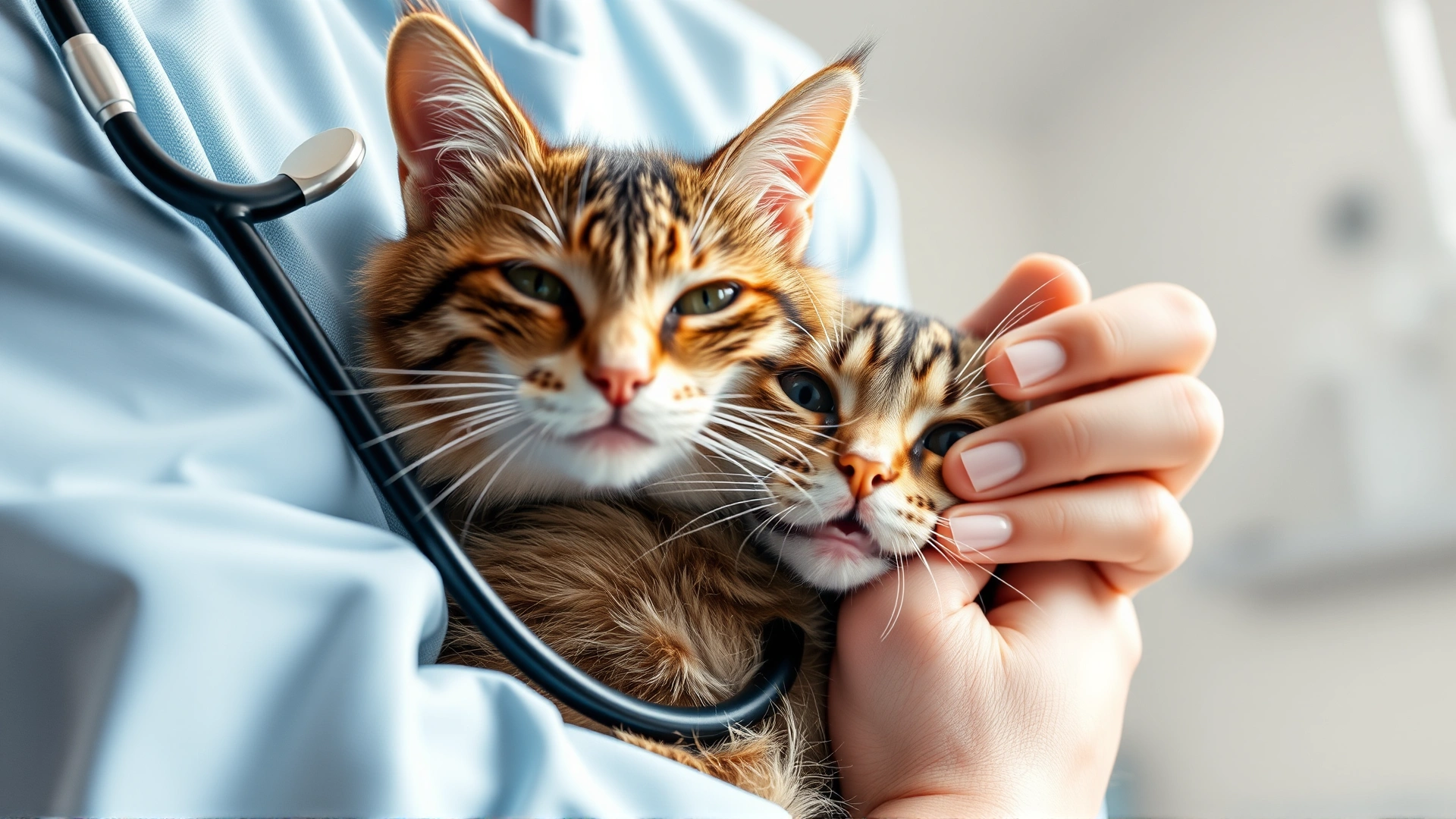 Close-up of a veterinarian wearing a stethoscope gently listening to a cat's abdomen in a bright veterinary clinic.