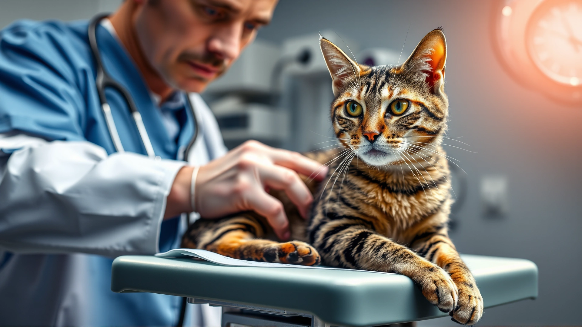 A concerned veterinarian auscultating a tabby cat on the examination table; medical equipment visible in the background; bright, clinical lighting; no text.