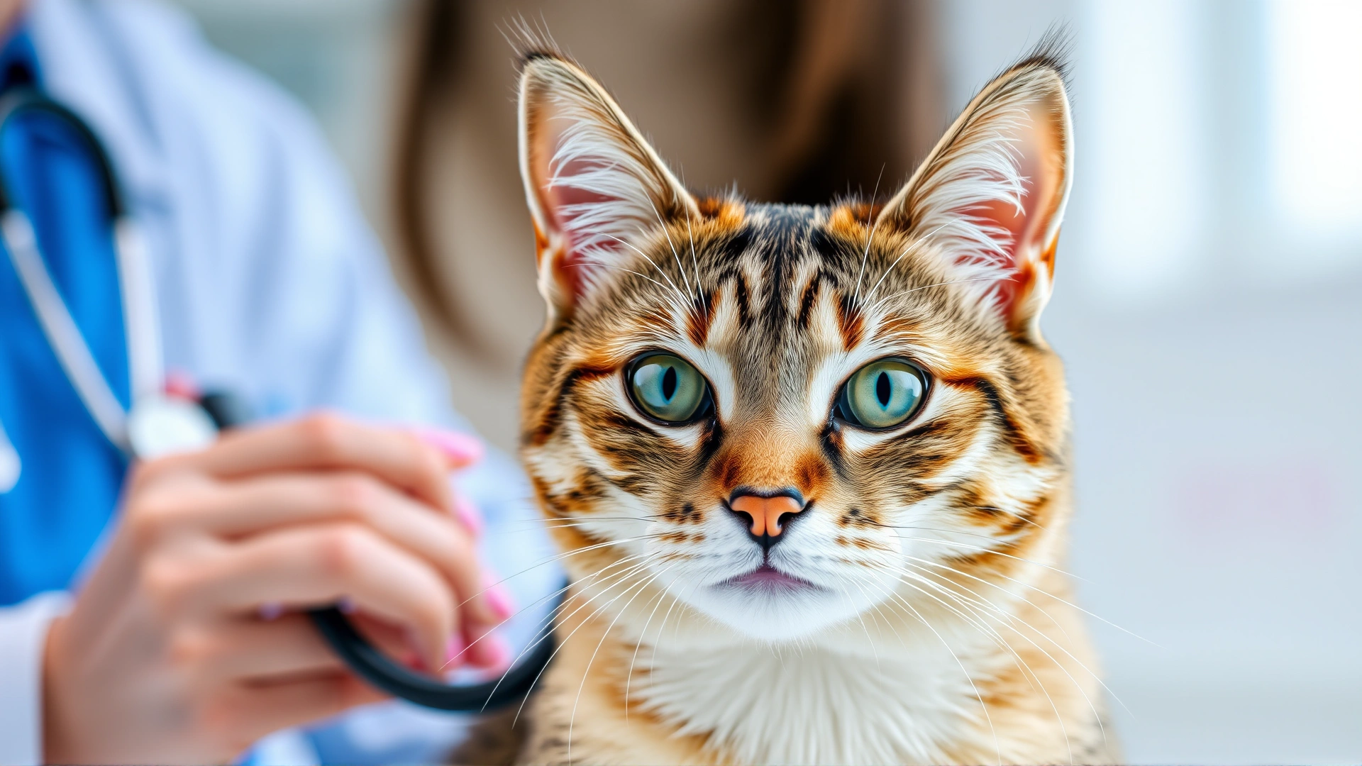 Domestic short-haired cat being examined by a veterinarian holding a stethoscope; bright veterinary clinic background.
