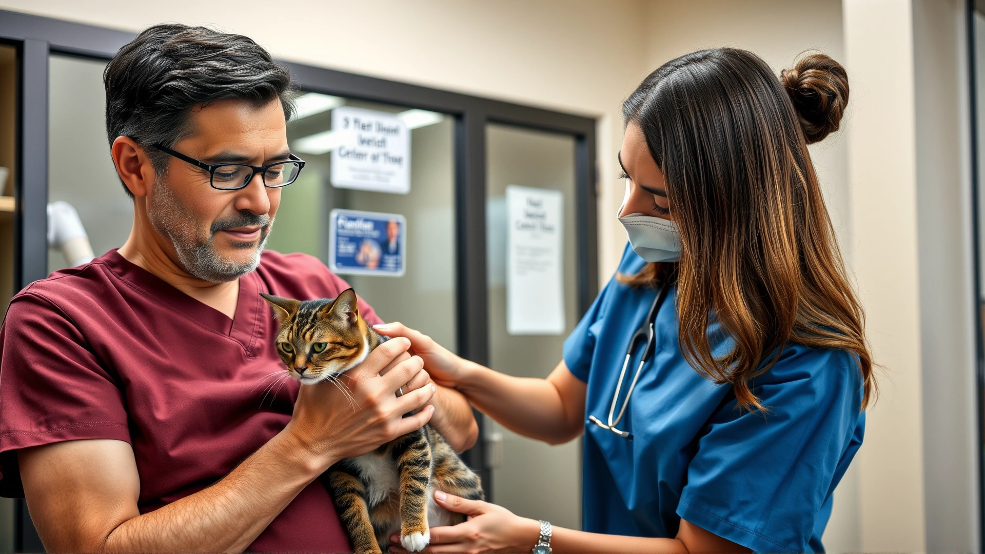 Owner holding a worried cat while a veterinarian conducts a gentle physical examination in a clinic