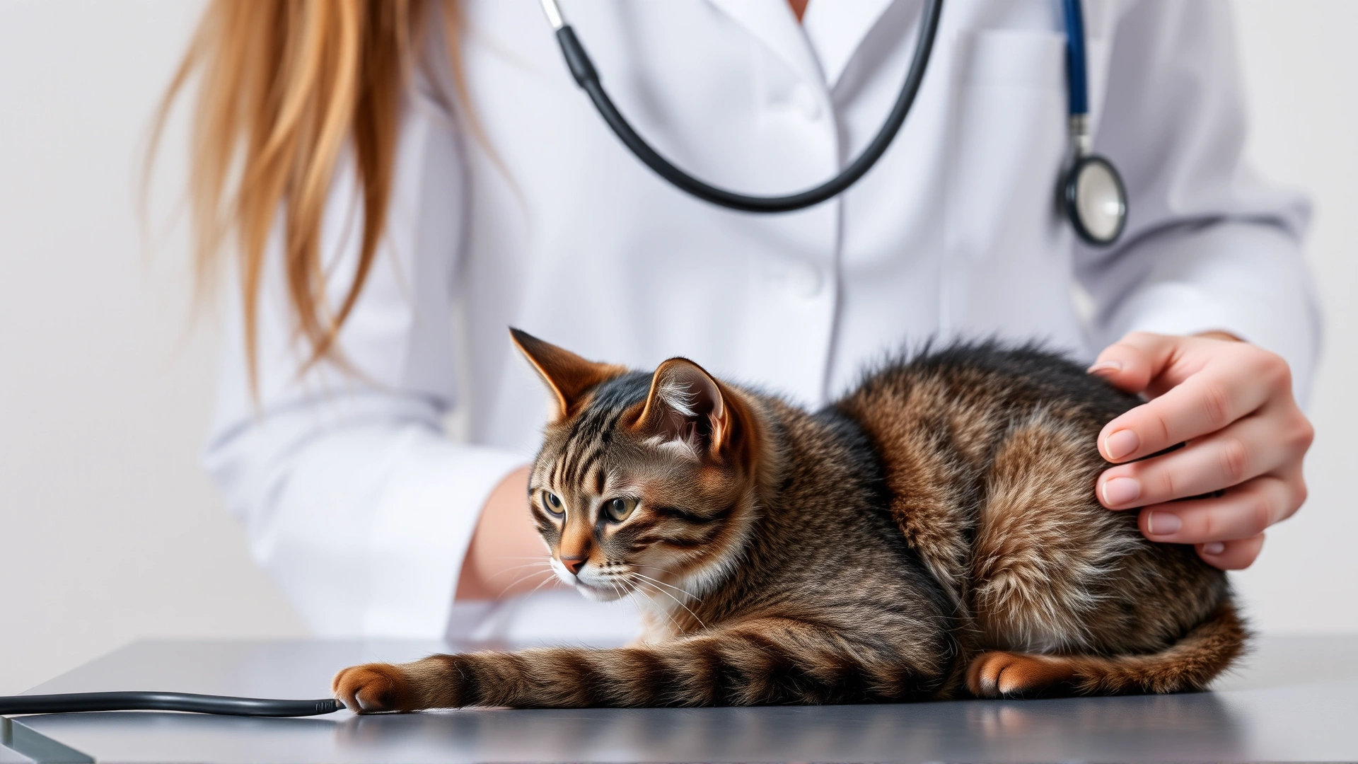 Veterinarian using a stethoscope to examine a relaxed domestic shorthair cat on the examination table, highlighting regular check-ups for feline health