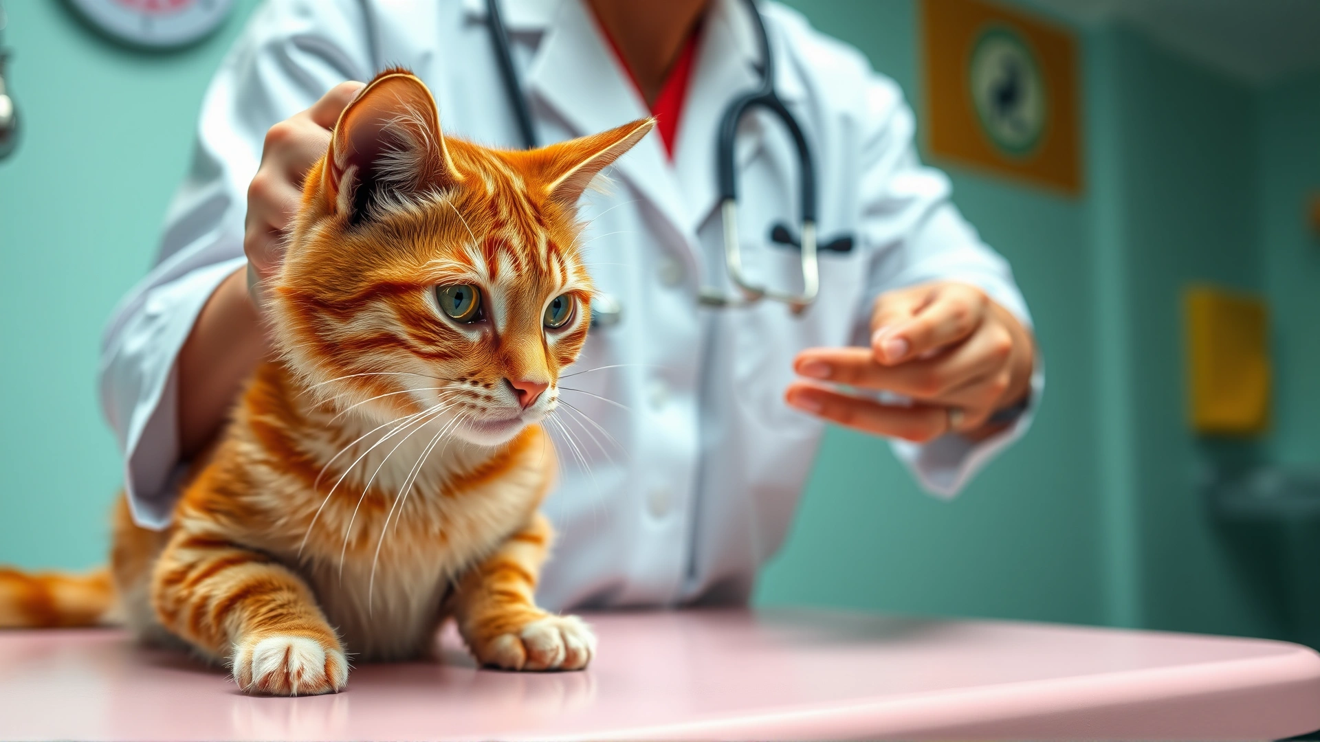 Veterinarian in white coat gently examining an orange tabby cat on an examination table, stethoscope around neck, veterinary clinic background