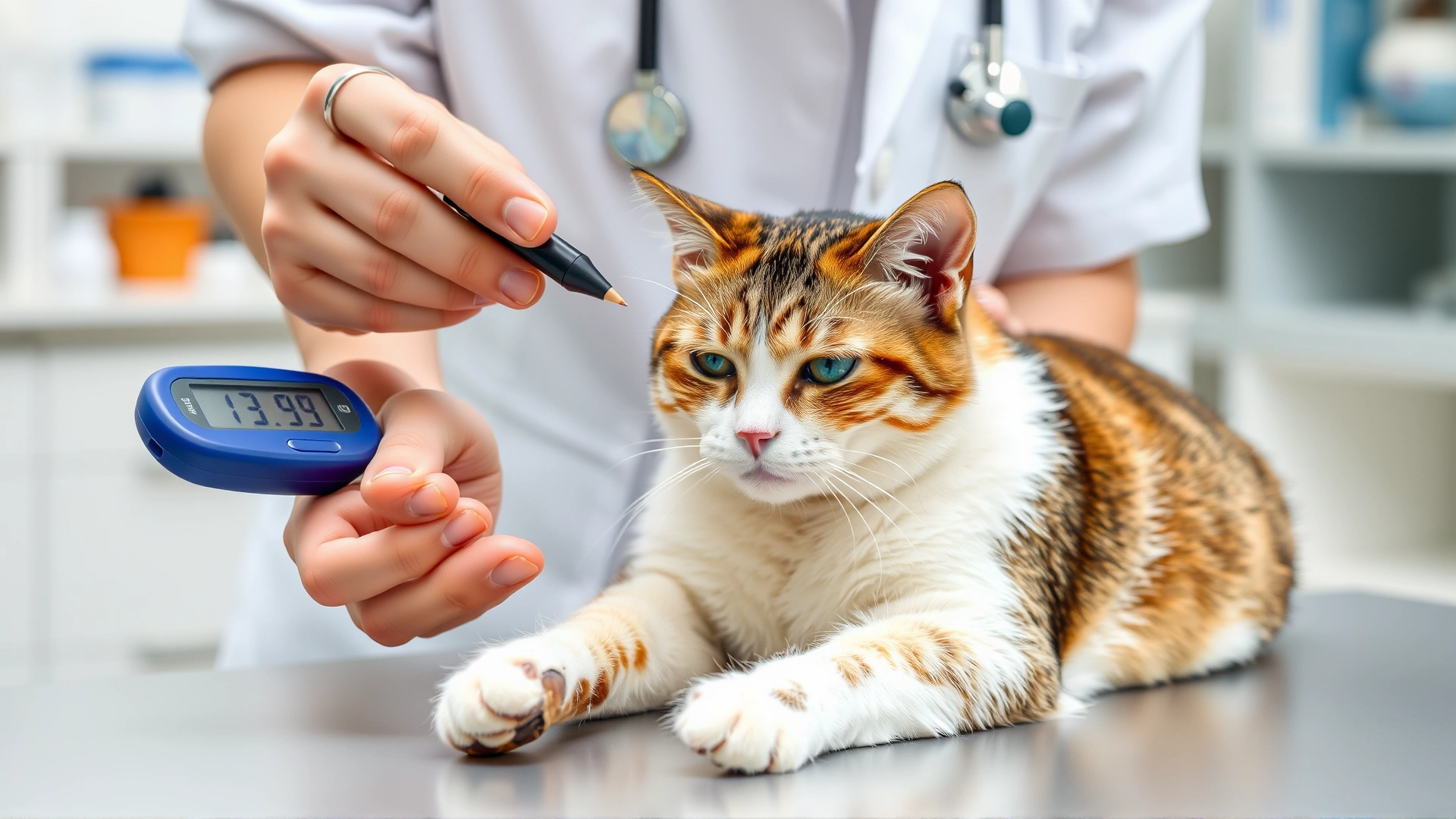 Veterinarian using a handheld glucometer to check a calm cat’s blood sugar level on an examination table, bright clinical environment