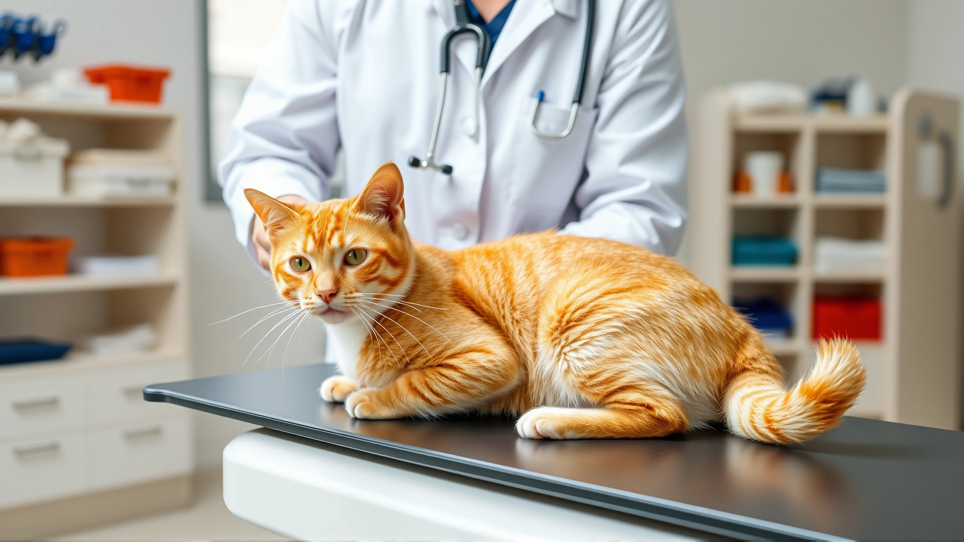 Veterinarian wearing white coat and stethoscope gently examining an orange tabby cat on an exam table in a bright veterinary clinic