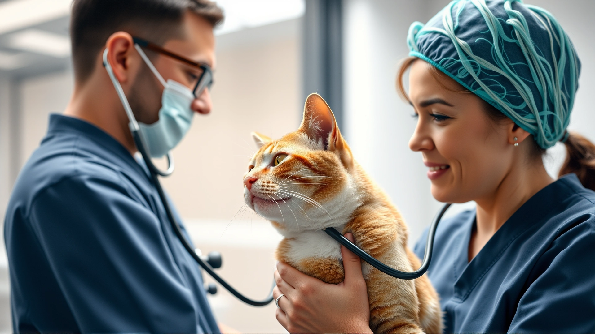 Veterinarian using a stethoscope while palpating a cat’s neck area in a modern clinic.