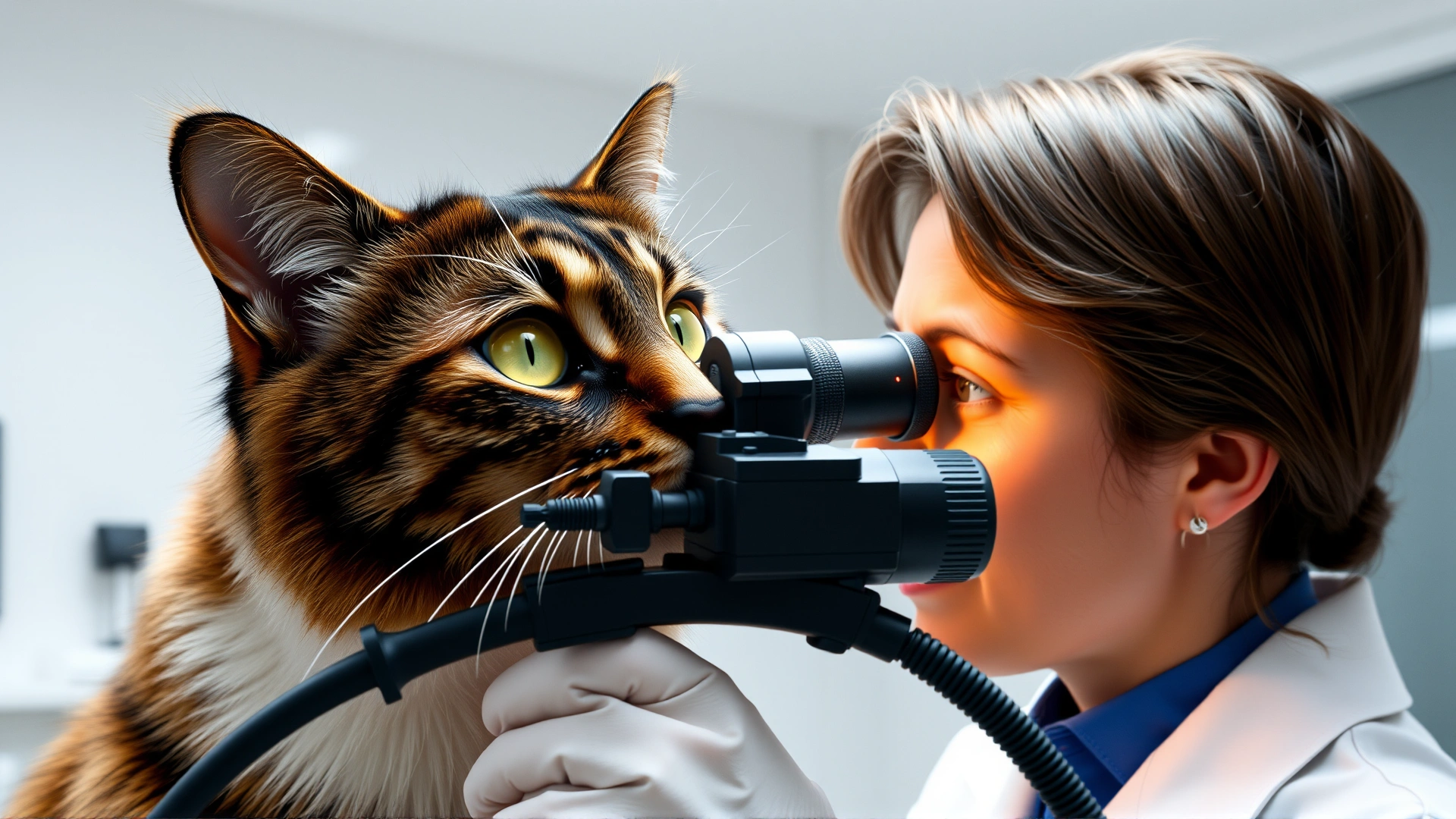 Veterinarian examining a cat’s eyes in a modern clinic using an ophthalmoscope