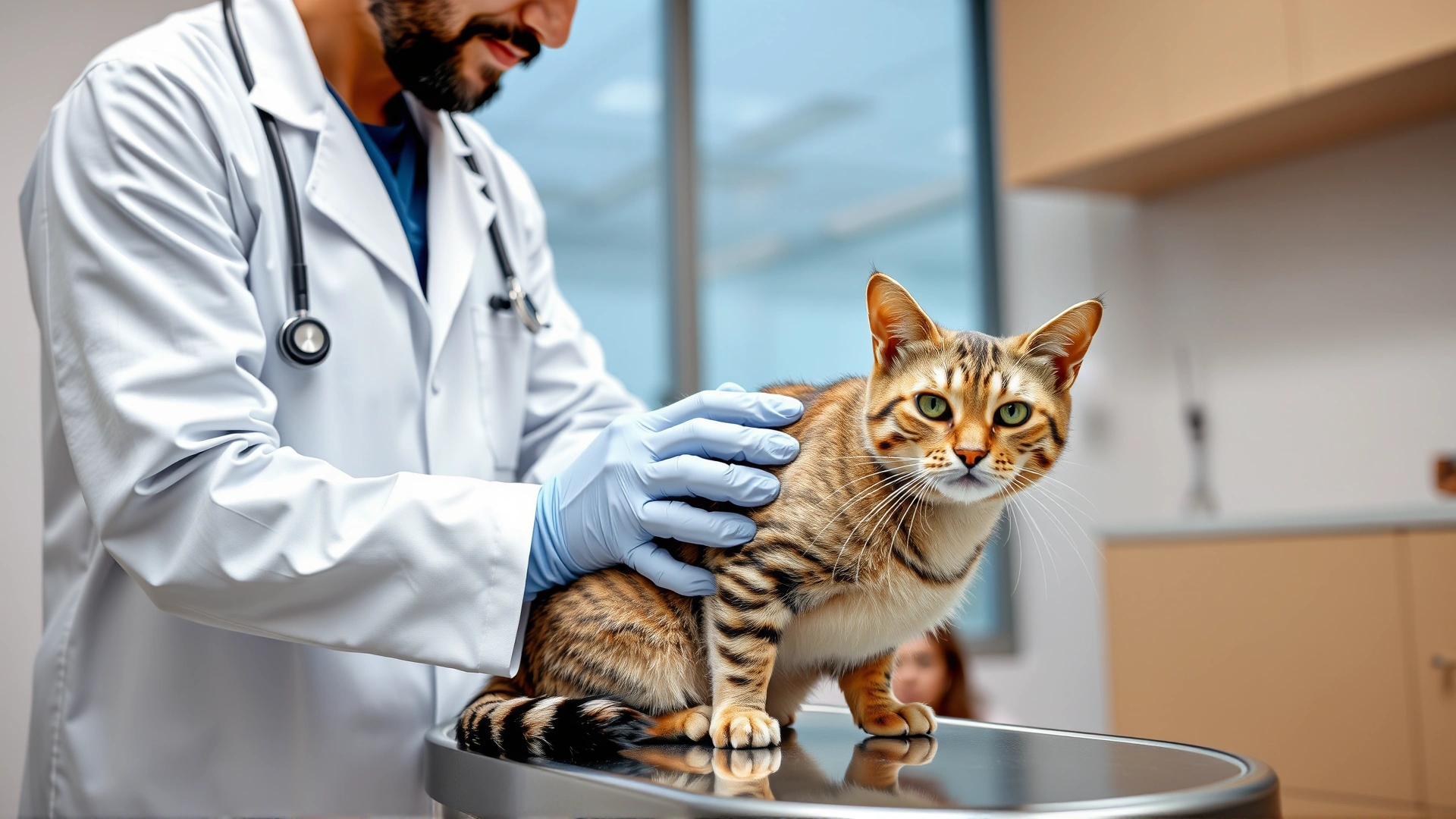 A veterinarian in a white coat gently examining a concerned tabby cat on an exam table in a modern clinic, stethoscope visible – illustrates clinical evaluation