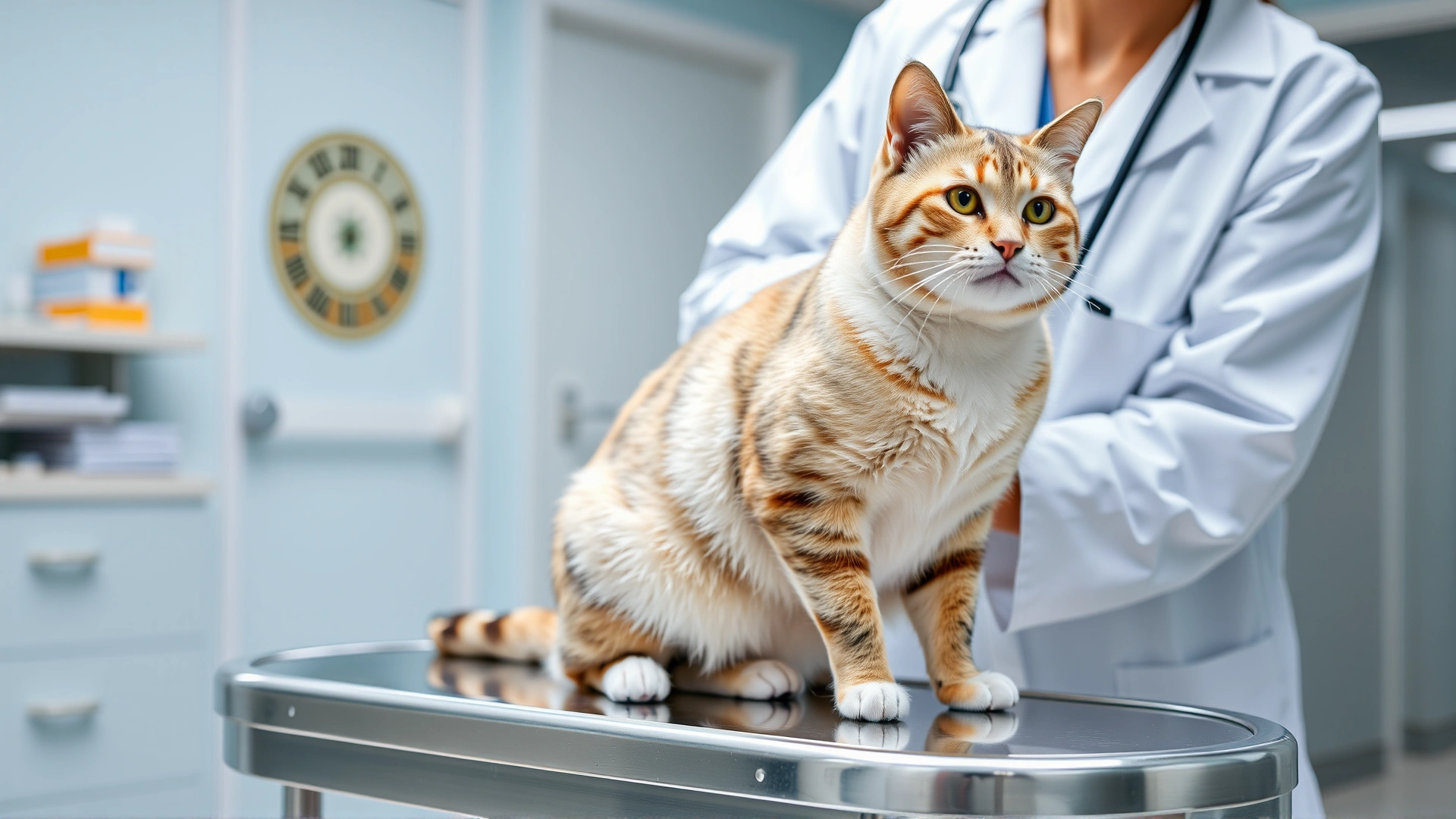Domestic cat sitting on a stainless steel examination table while a veterinarian in a white coat listens to its chest with a stethoscope in a bright, modern clinic