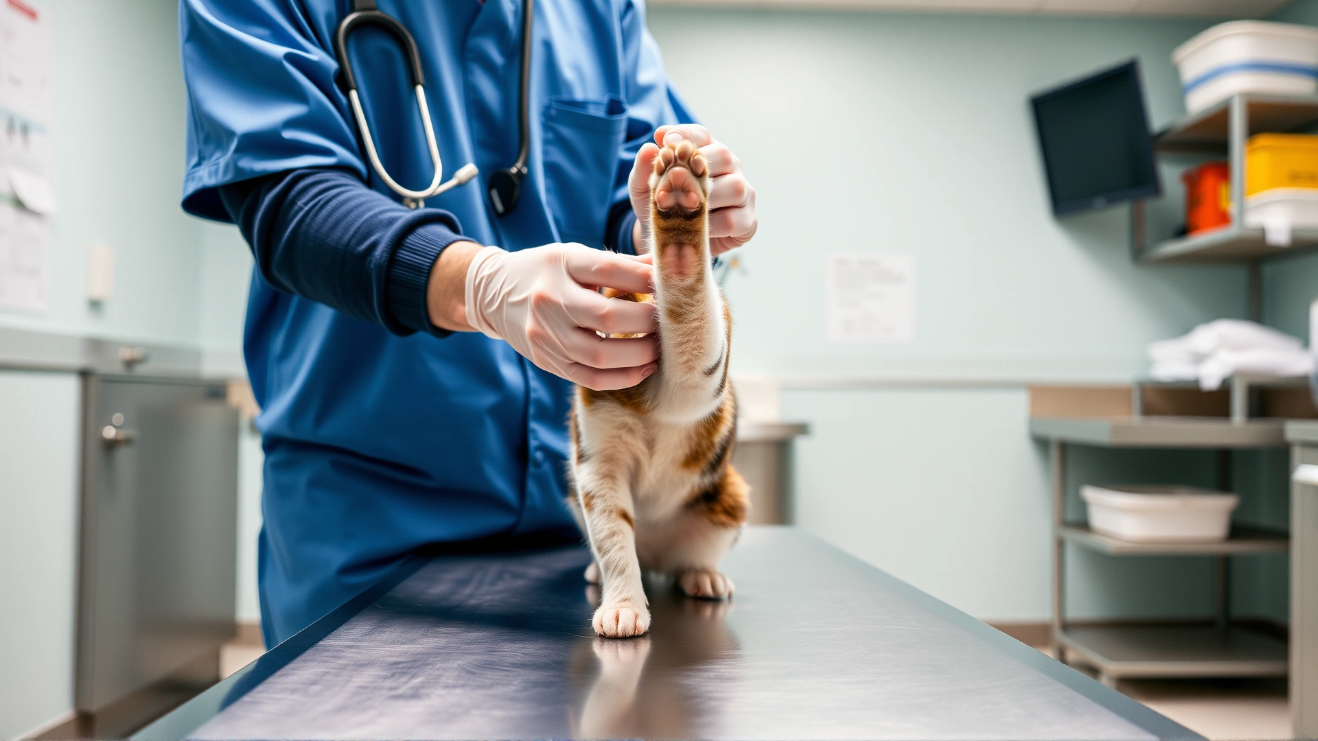 A veterinarian gently lifting a cat's paw to examine its claws on a stainless-steel exam table in a clean clinic setting.