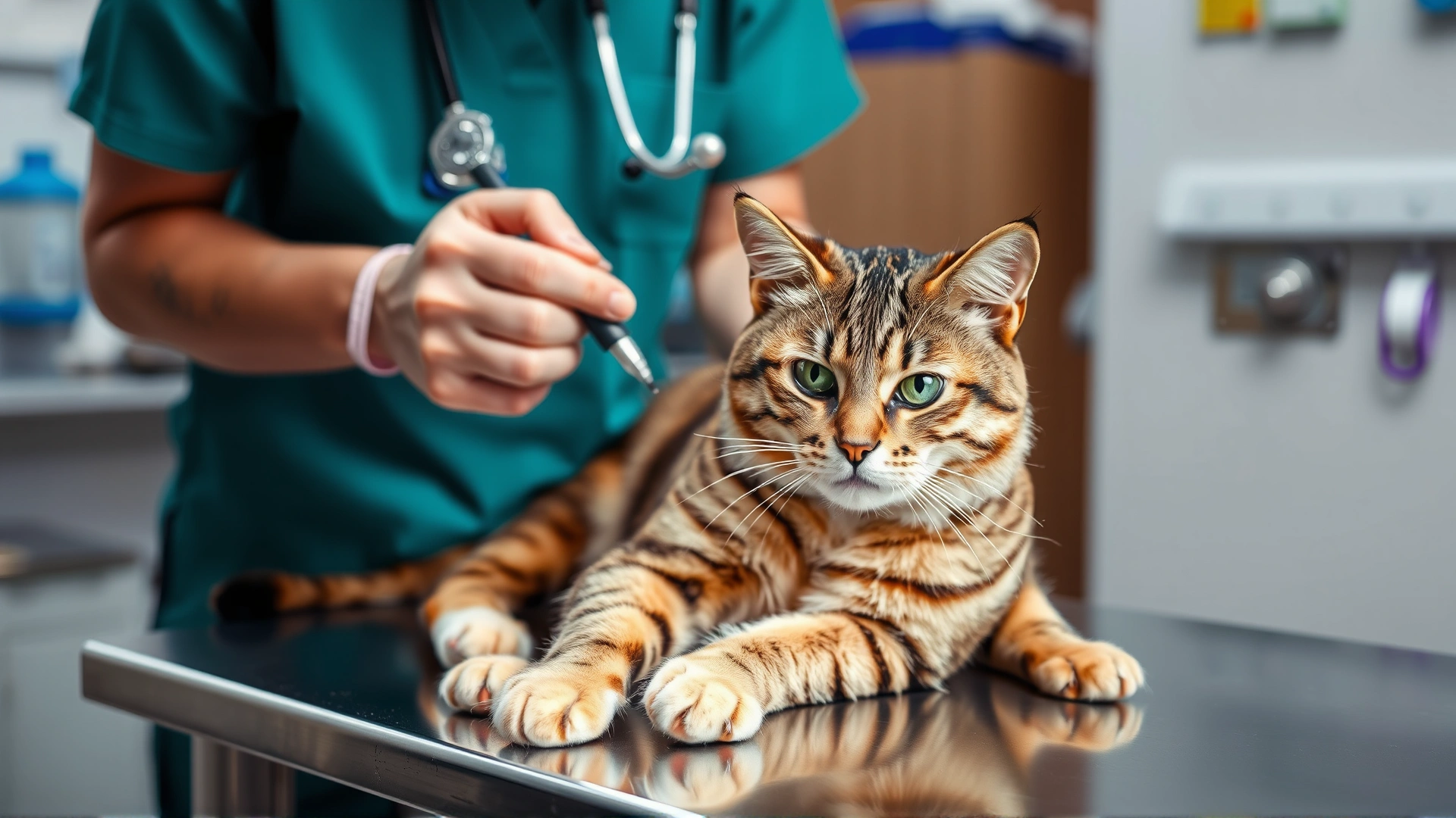 Brightly lit photo of a veterinarian in scrubs gently examining a calm tabby cat on a stainless steel examination table, clinic equipment blurred in background.