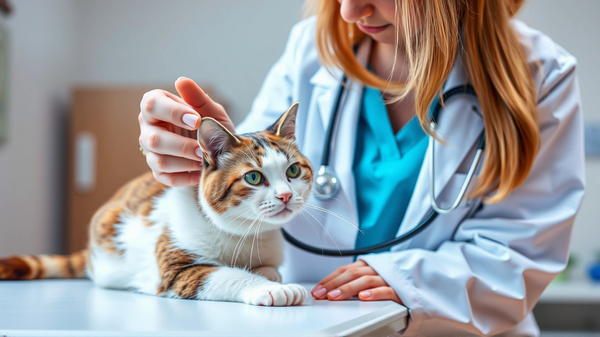 Veterinarian in white coat gently examining a calm cat with a stethoscope on a clinic table, bright clinical environment.