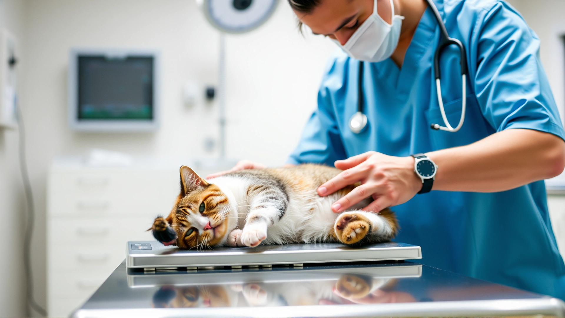 A veterinarian in a clinic gently examining a cat on a stainless steel exam table, with medical equipment blurred in the background.