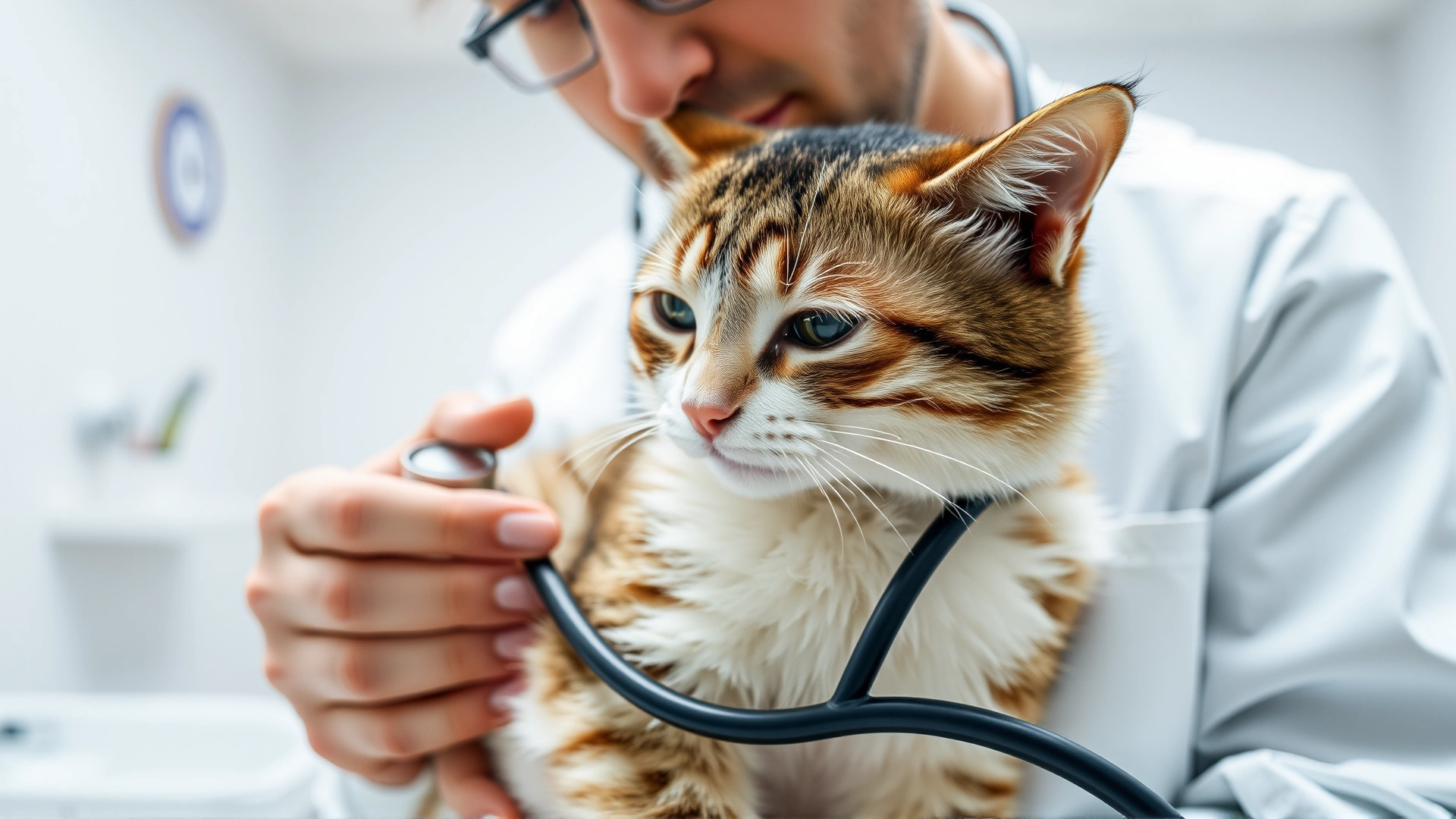 Close-up of veterinarian examining a cat’s abdomen with stethoscope in a bright, clean clinic room
