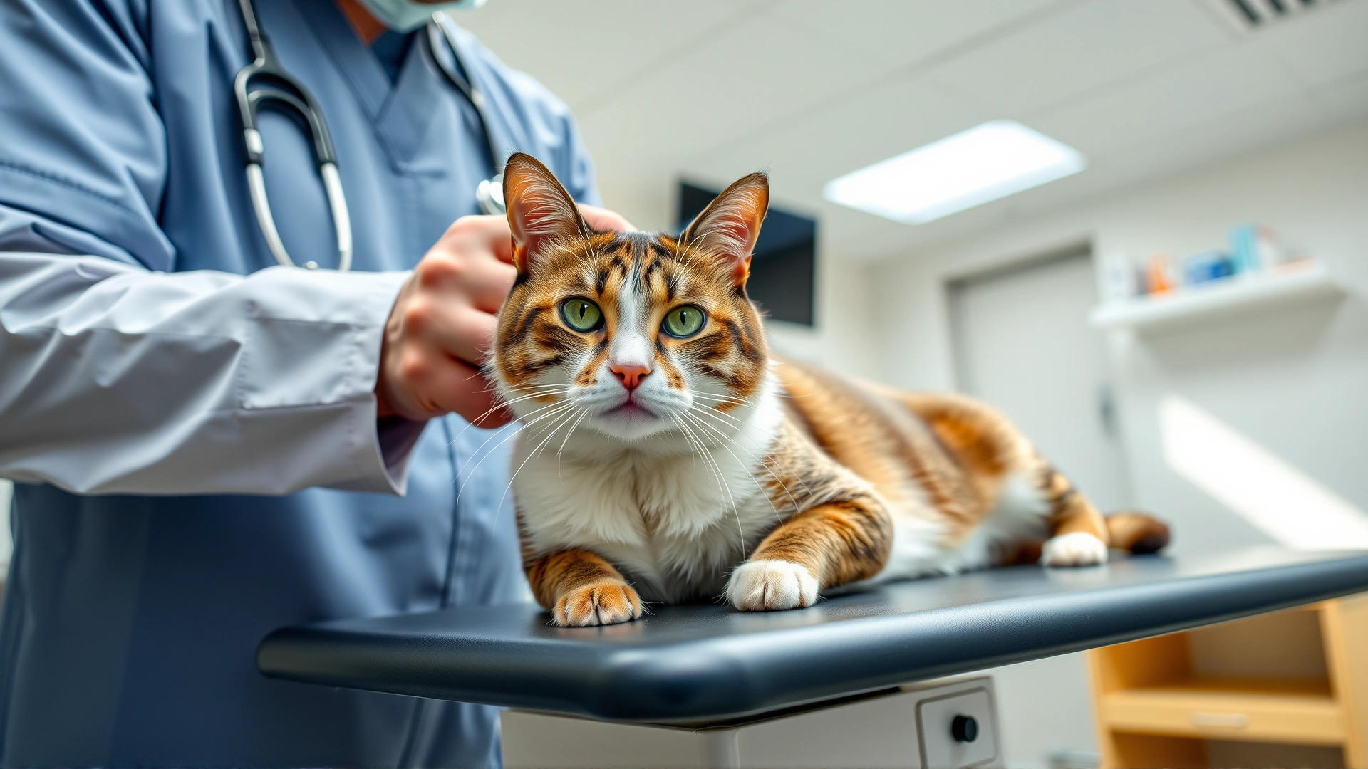 A veterinarian gently examining a cat on an exam table, using a stethoscope in a bright modern clinic setting.