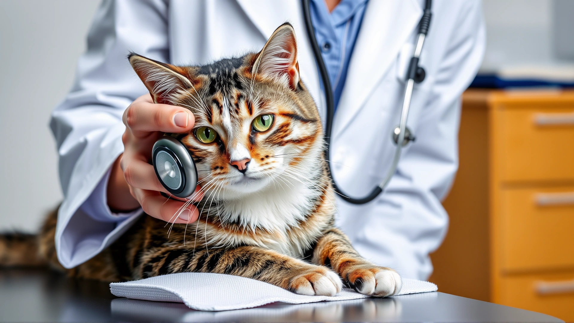 Veterinarian in white coat listening to a tabby cat’s heartbeat with a stethoscope on an examination table, highlighting routine veterinary checkup