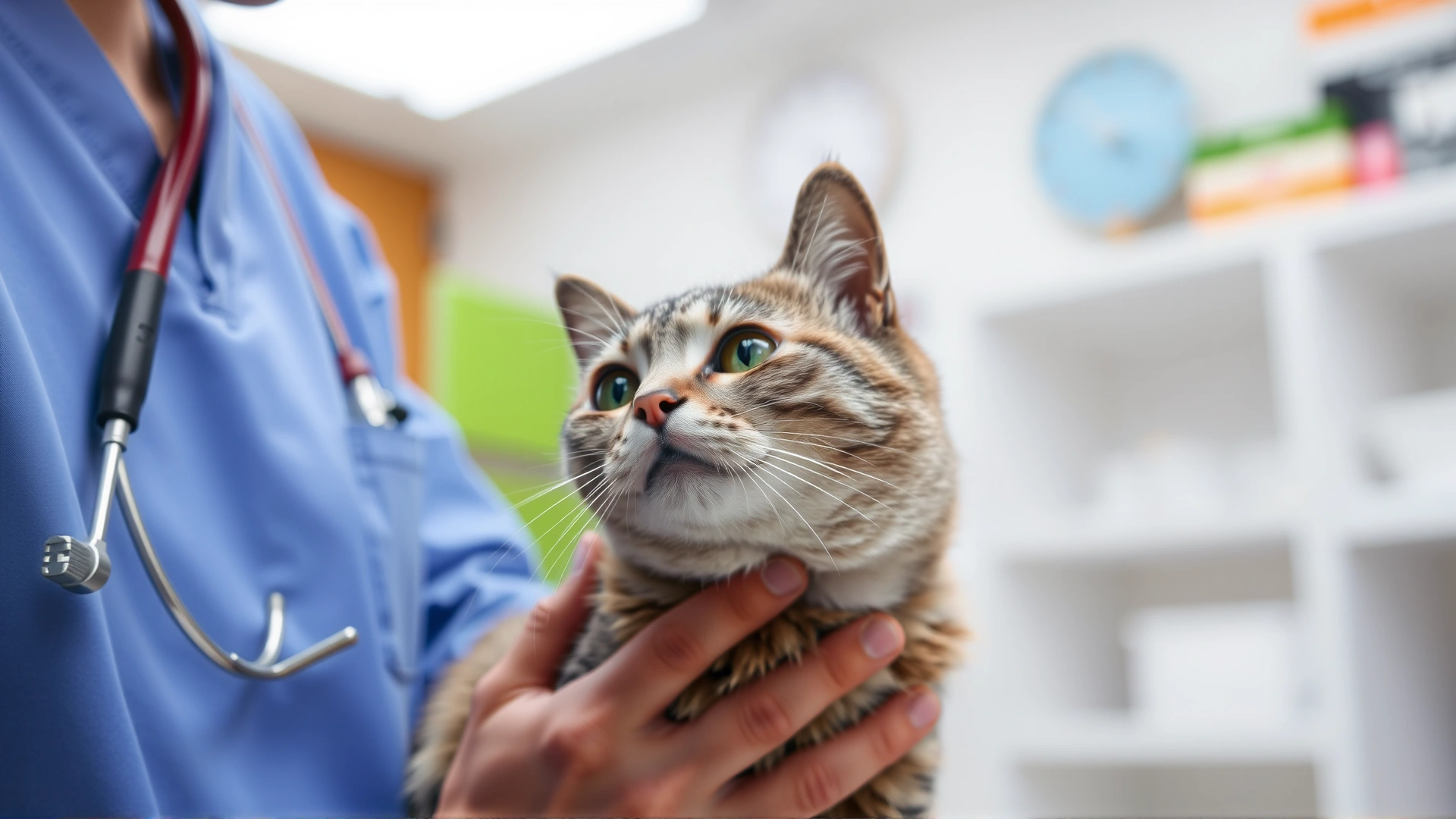 Domestic short-haired cat being gently examined by a veterinarian who is palpating the abdominal area in a bright veterinary clinic