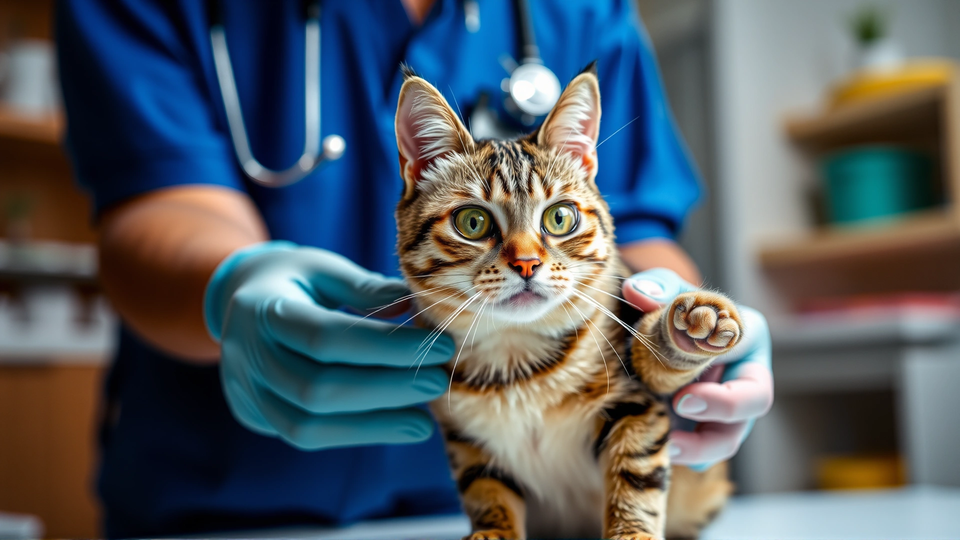 A worried domestic short-haired cat being examined by a veterinarian in a well-lit clinic; focus on the doctor palpating the cat's swollen forelimb.