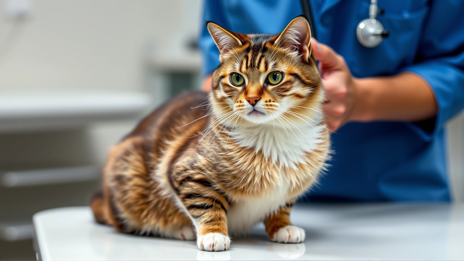Domestic short-hair cat sitting on examination table while a veterinarian in blue scrubs listens to its heart with a stethoscope; clinical background, soft focus.