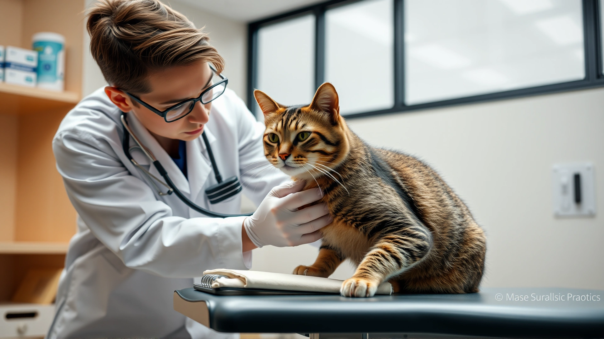 A veterinarian wearing a white coat gently examining a tabby cat on an examination table using a stethoscope in a modern clinic.