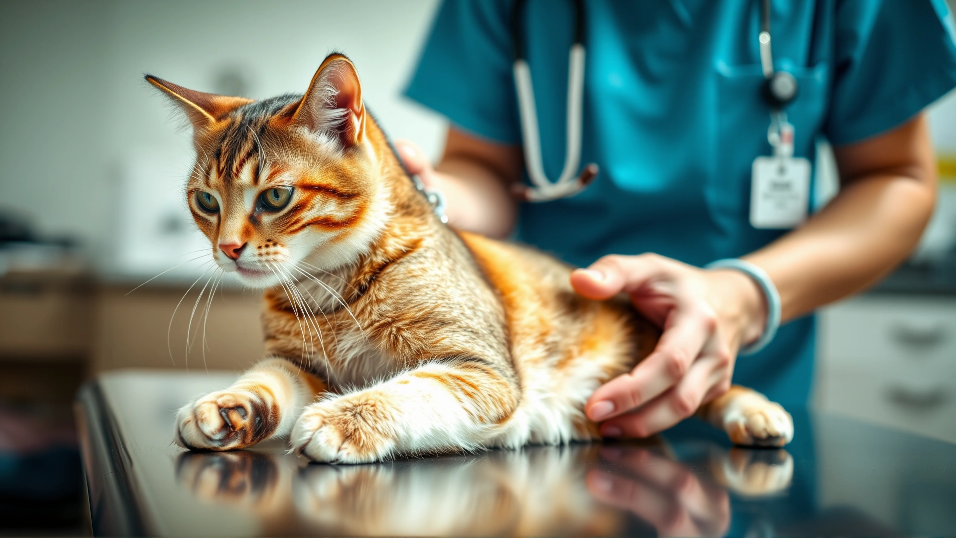 Close-up photo of a veterinarian gently examining a domestic shorthair cat on an exam table, focusing on the abdominal area, bright clinic background.